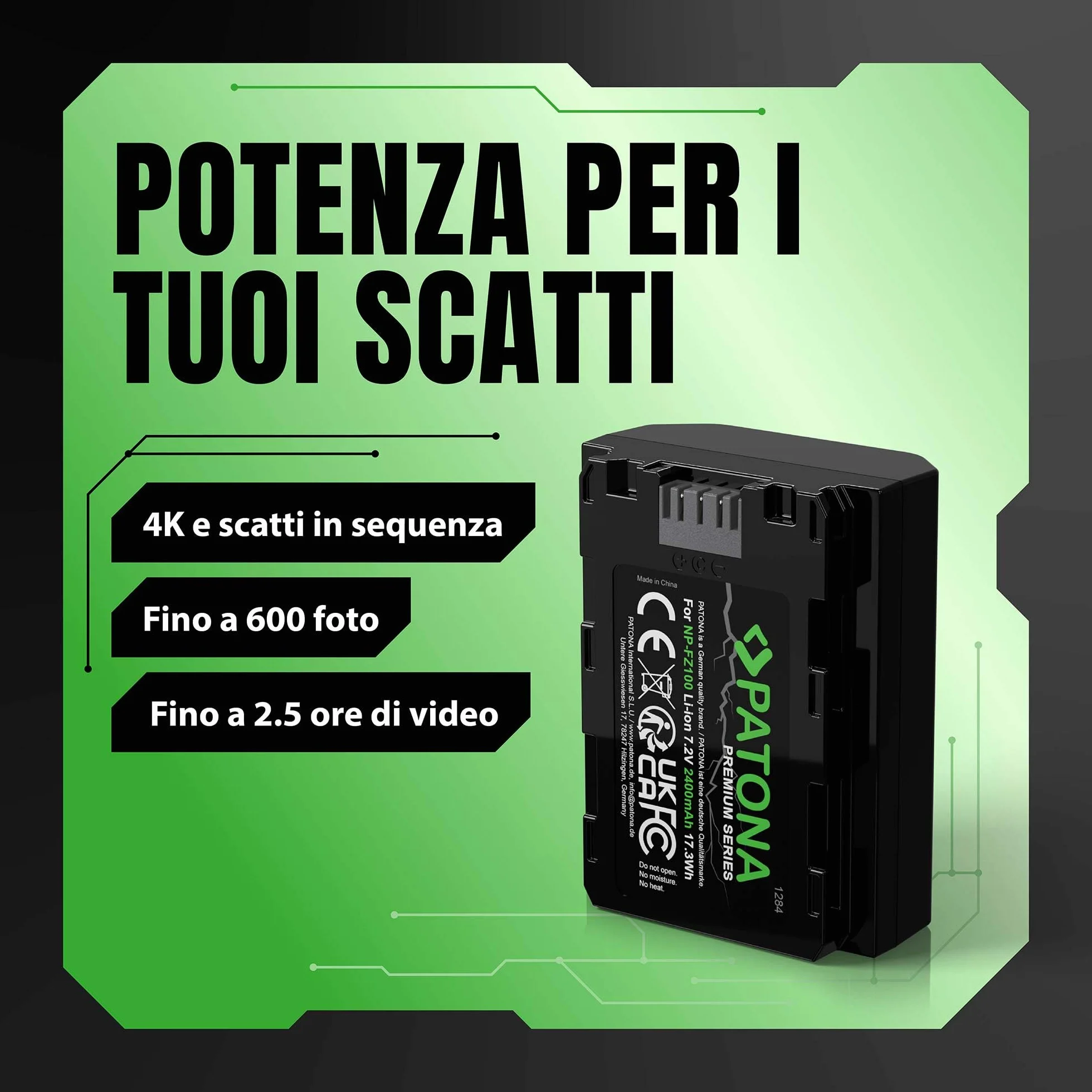 PATONA 2x Premium Batteria NP-FZ100 2400mAh – ricambio per Sony Alpha 6600 6700 7 III/IV 7C II 7CR 7R IV/V A1 FX3 FX30 ZV-E1 – la scelta conveniente per la piattaforma FZ100