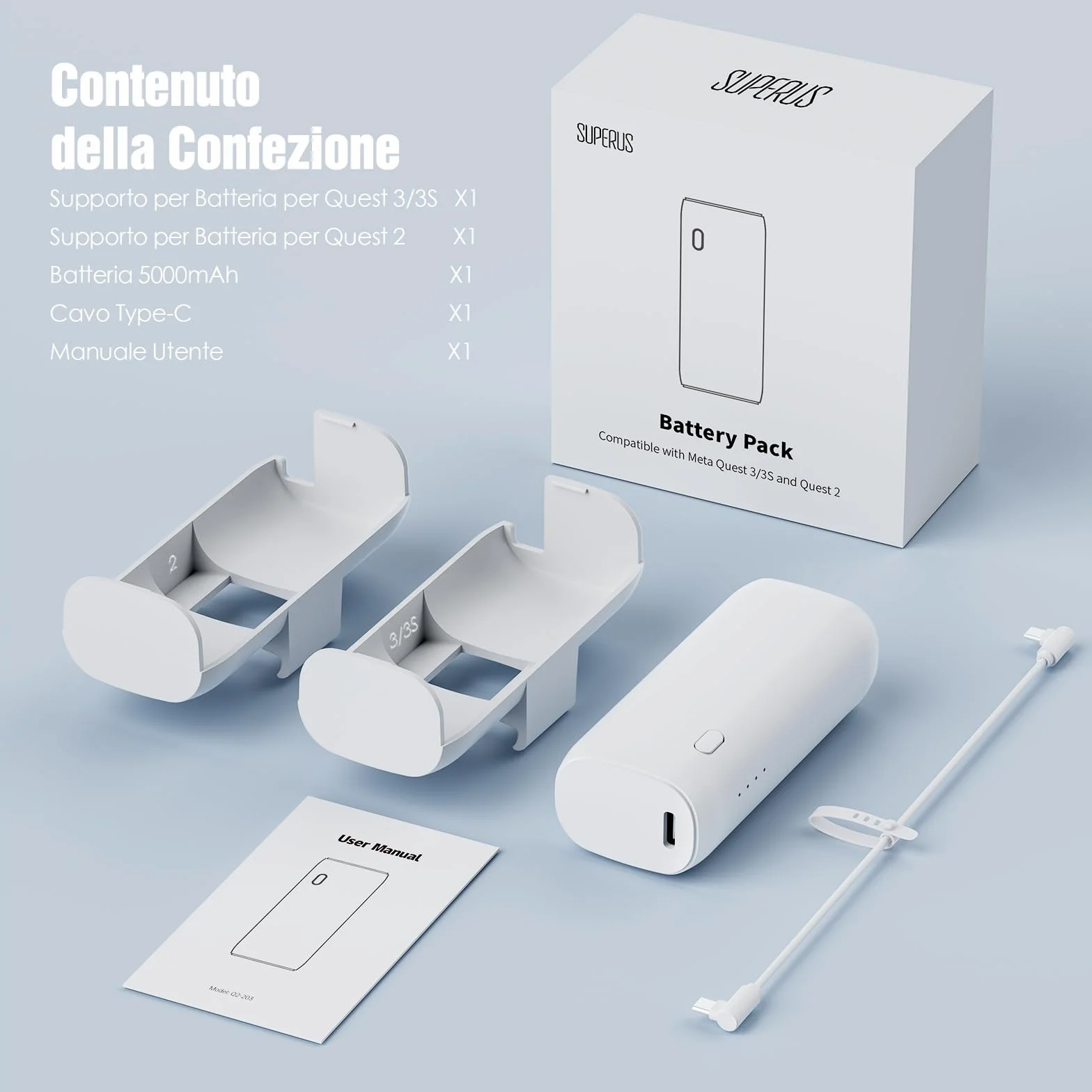 SUPERUS Battery Pack per Meta Quest 3/3S & Oculus Quest 2, 5000mAh, Ricarica Veloce PD20W, Fino a 2-3 Ore di Gioco Extra, Compatibile con Cinturini Originali ed Elite, Leggero e Portatile