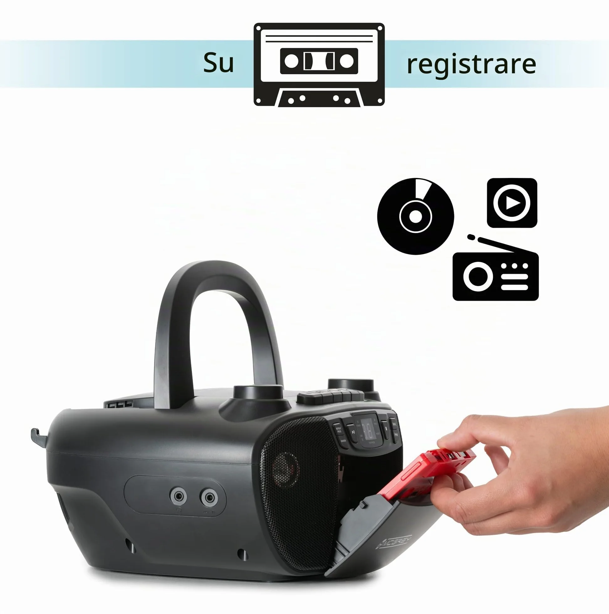 CDB-1016 BK Boombox con cassetta, lettore CD, radio portatile, registratore con ingresso AUX e uscita cuffie - Funzionamento tramite cavo o 6 batterie