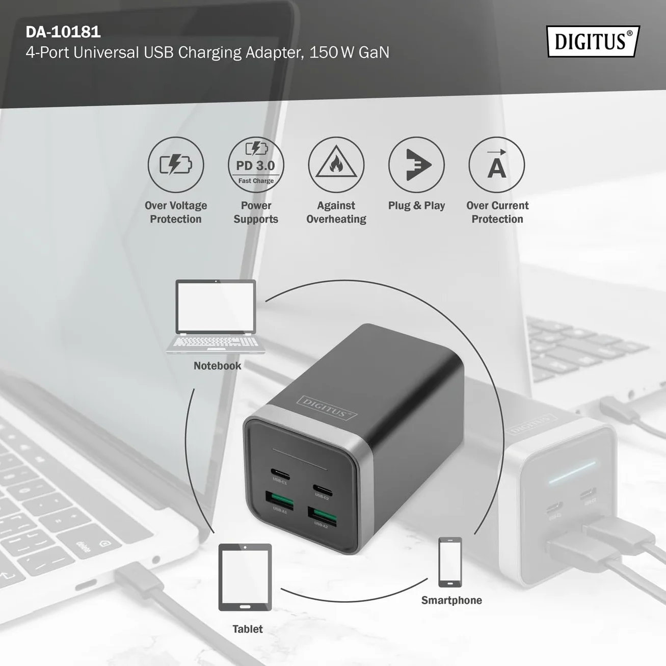 DIGITUS Caricabatterie universale GaN 150 W - 2 porte USB-C - 2 porte USB-A - Caricabatterie veloce Power Delivery 3.0 (PD 3.0) - Per iPhone, iPad, Samsung Galaxy, Pixel, Xiaomi, Motorola, Huawei