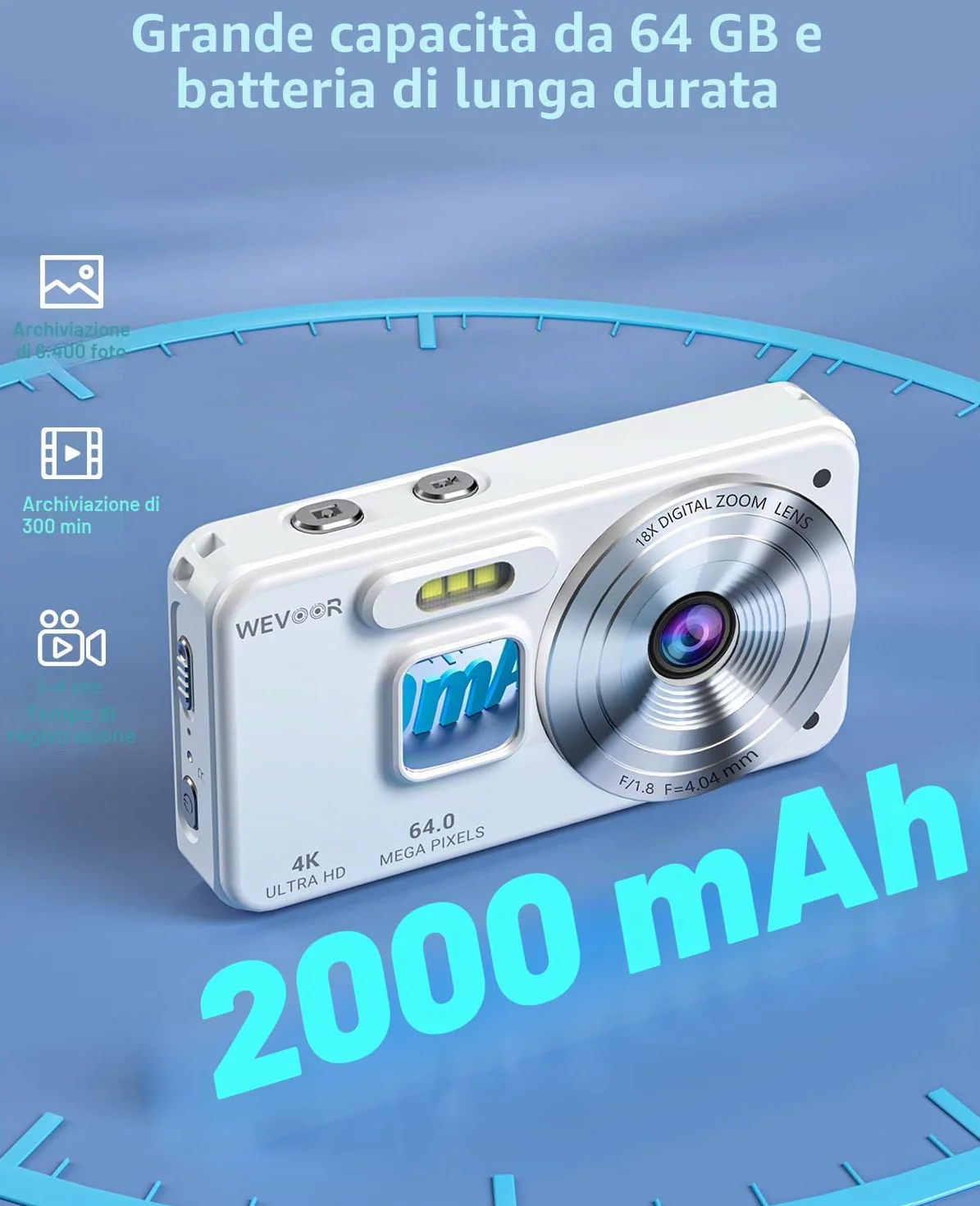 Macchina Fotografica Digitale 4K 64MP, Wevoor 64GB Fotocamera Digitale con 2,8” Schermo, Zoom Digitale 18x, 2000mAh Fotocamera Compatta, Digital Camera per Principianti Bambini Adolescenti - Bianco