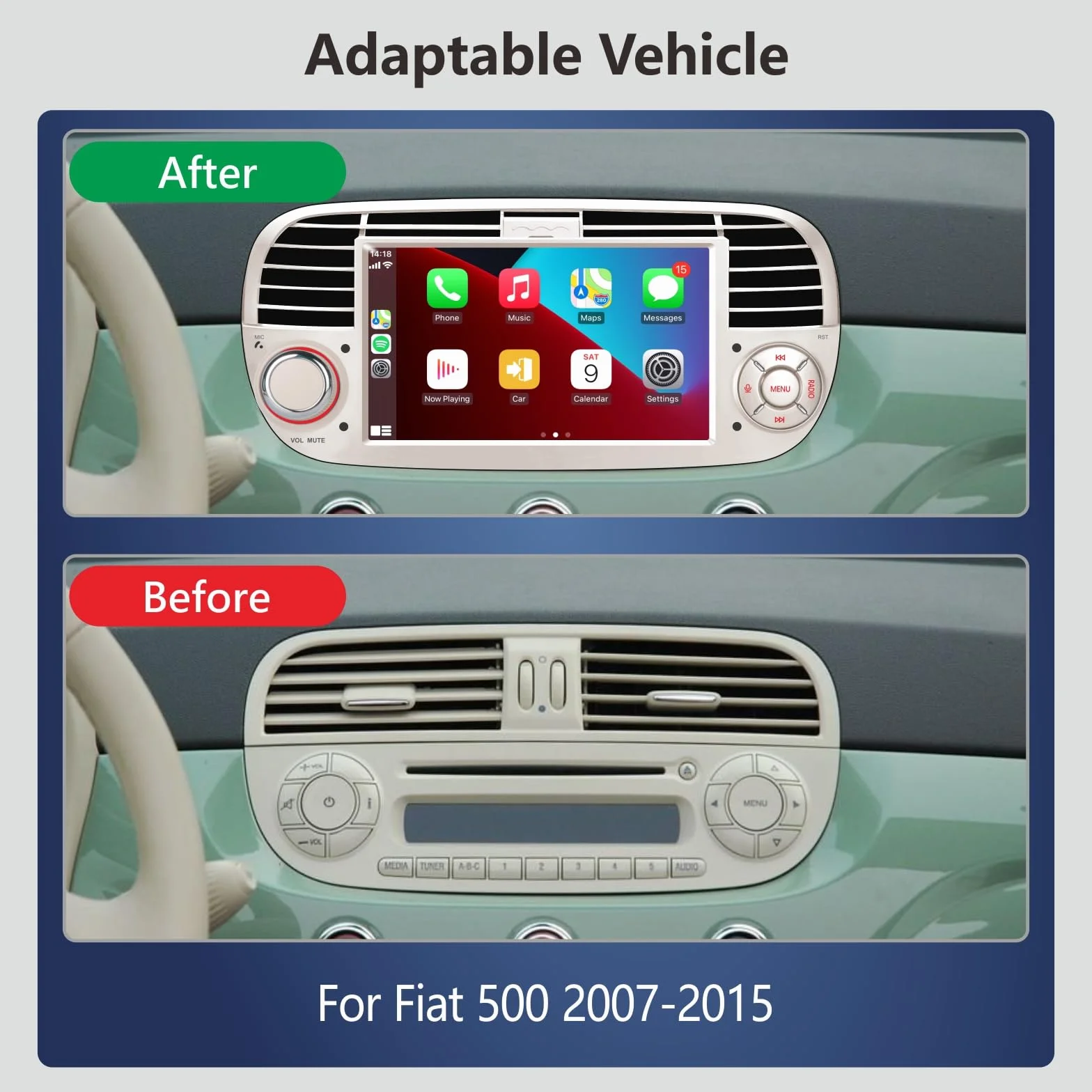 [Versione Plus] Aphrfamma Autoradio compatibile con CarPlay wireless/Android Auto per Fiat Fiat 500 2007-2015 con 7 Pollici IPS Bluetooth/FM/AM/USB/Mirror Link/Touch Display (bianco)