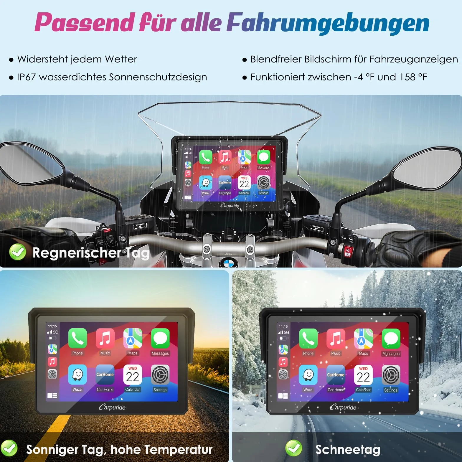 Carpuride W502B Schermo Carplay per BMW Moto R1200GS R1250GS S1000XR, Touchscreen Impermeabile da 5 pollici, Navigazione GPS Portatile Carplay/Android Auto per Moto, Doppio Bluetooth
