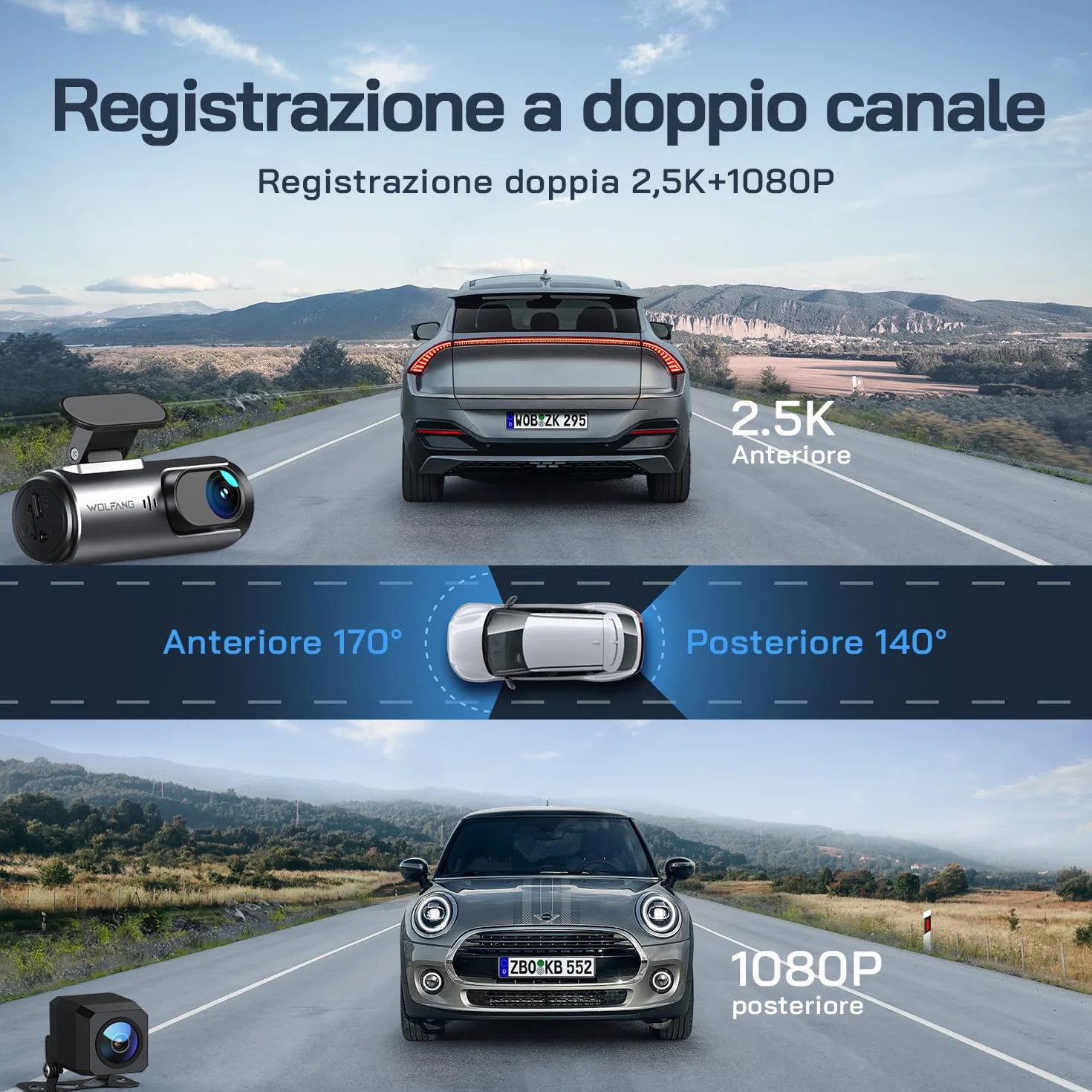WOLFANG Dash Cam Auto 4K, Doppia WiFi Dashcam per Auto con Scheda SD 32G, Telecamera Auto 170° Grandangolo, Visione Notturna,G-Sensor, WDR, Monitor di Parcheggio, Registrazione in Loop
