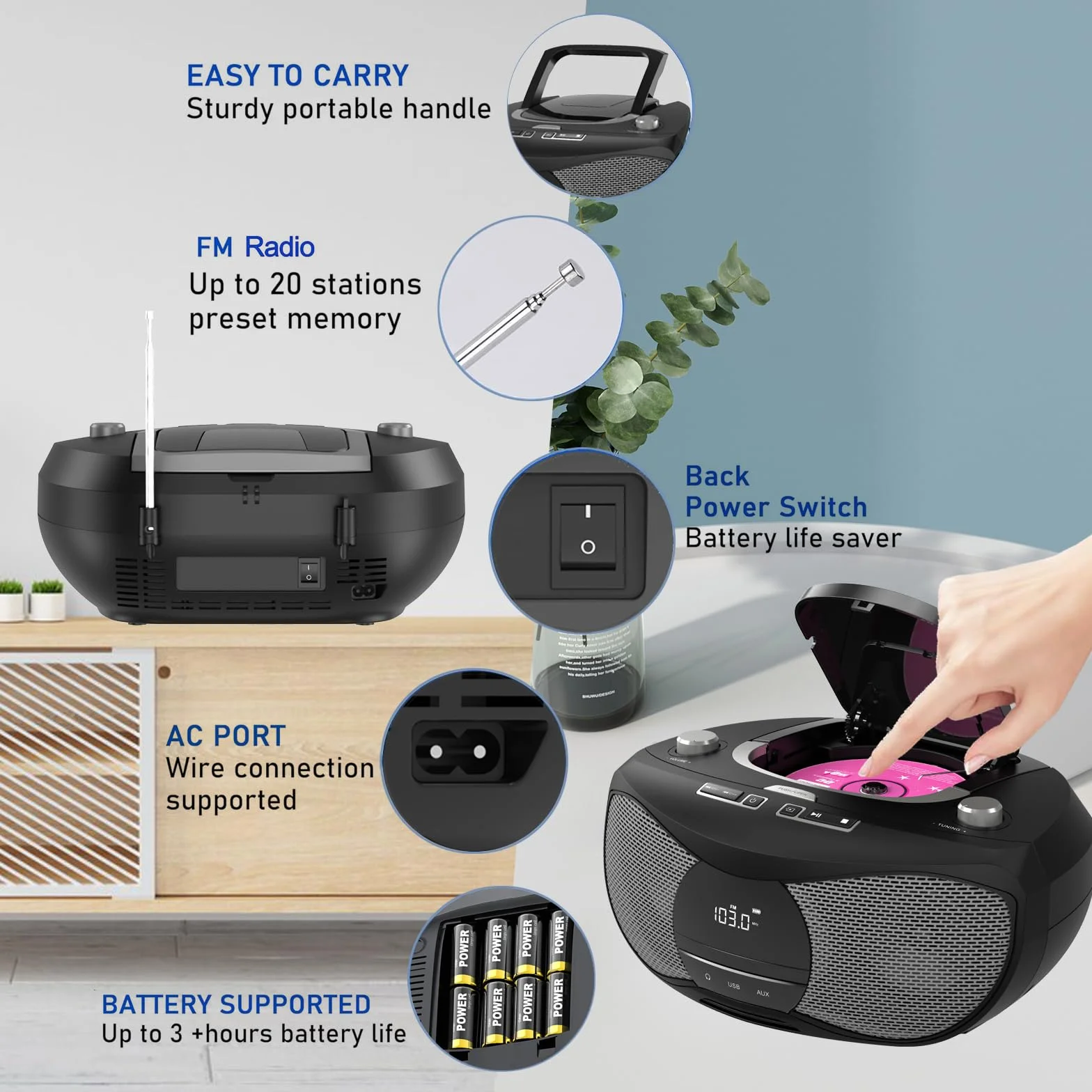 LONPOO Stereo Lettore CD portatile Bluetooth Boombox Connettività Radio FM, USB, AUX, Uscita cuffie, 5W RMS HiFi Altoparlanti (LP-D12)