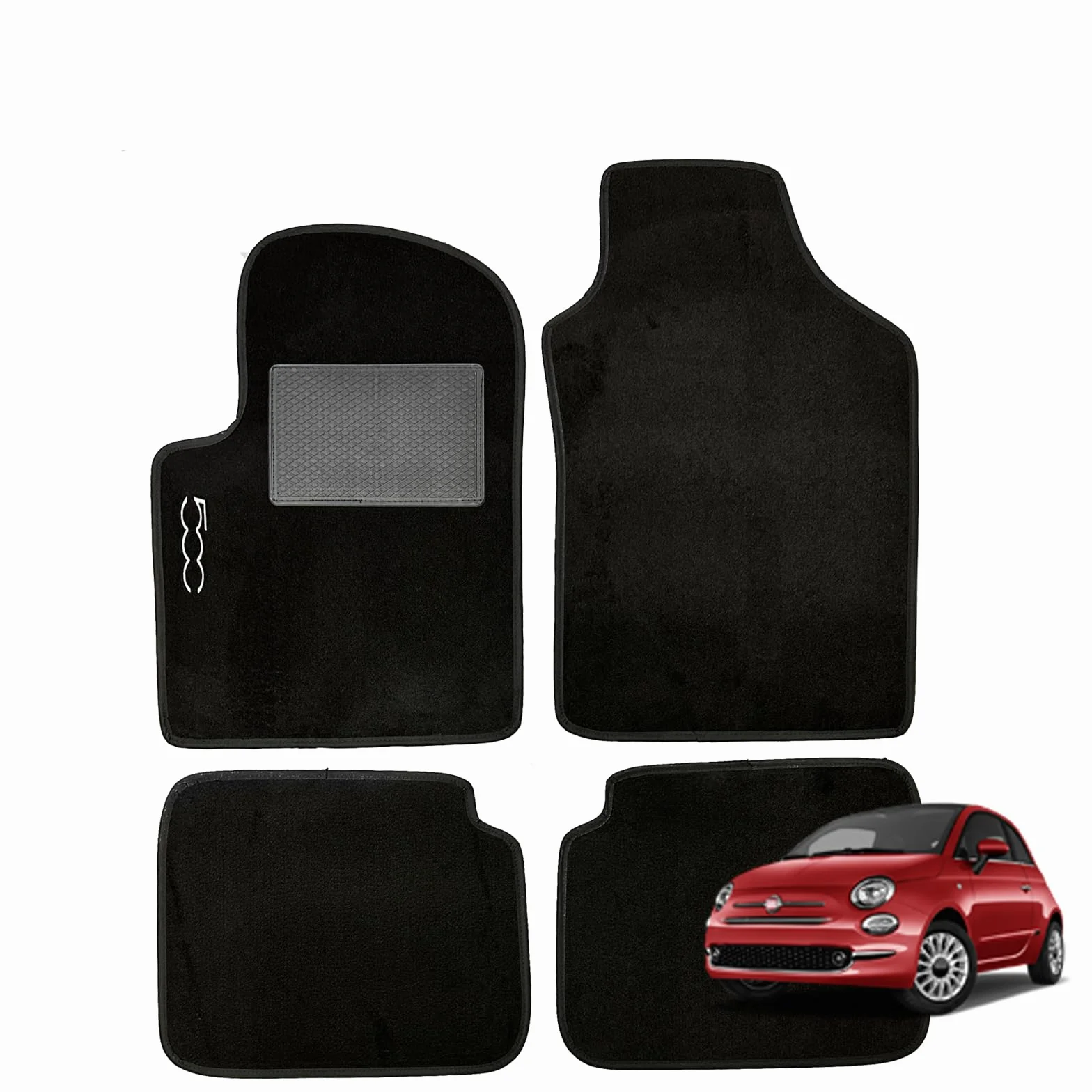 SERIE 4 TAPPETI - TAPPETINI IN MOQUETTE NERI PER 500 DAL 2007 AL 2012 con battitacco Cucito e Striscia Antiscivolo