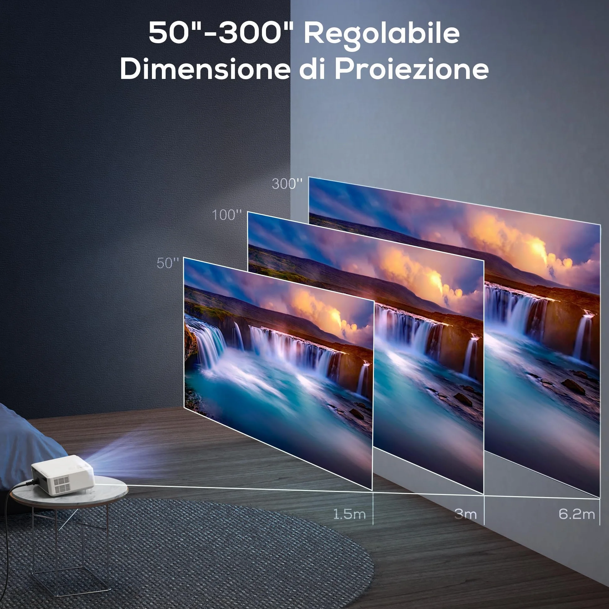 Proiettore 4K AKIYO 20000 Lumen WiFi 6 Bluetooth Full HD 1080P Outdoor Projector Funzione Zoom, Display 300 Pollici per Home Theater, Compatibile con TV Stick/HDMI/USB/iPhone/Android