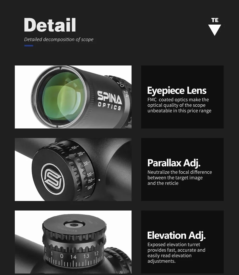 SPINA OPTICS 4-24X56 SF Mire ottiche da caccia Reticolo in vetro con torrette laterali di parallasse Ripristino Tubo da 30 mm Riflescope