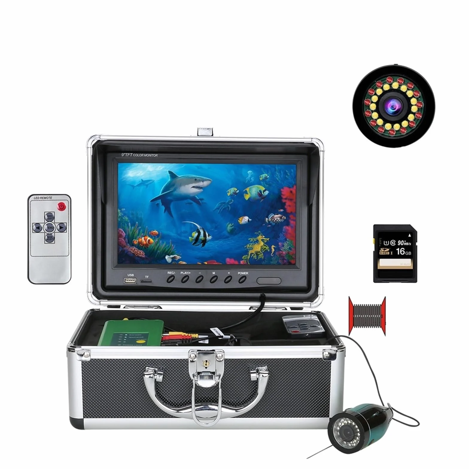 Telecamera Subacquea Pesca, 9 pollici DVR Fish Finder Pesca subacquea 1080P Fotocamera HD 1280 * 720 15 LED bianchi + 15 pezzi Lampada a infrarossi 15 m Fotocamera for la pesca(30m cable with DVR)