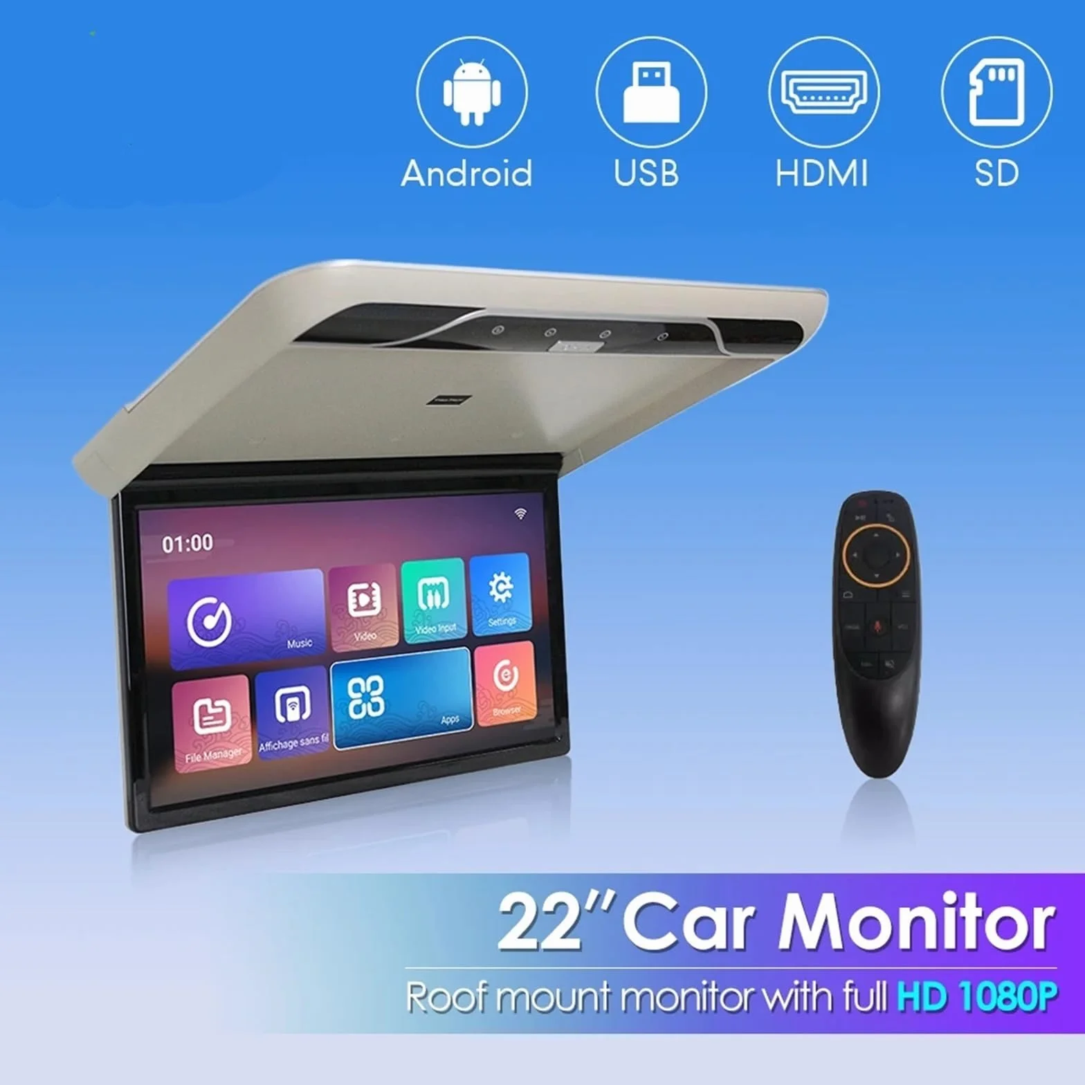 Monitor da tetto for auto 22 pollici, TV con lettore video ribaltabile, schermo IPS soffitto, luci ambientali a 16 colori(Black)