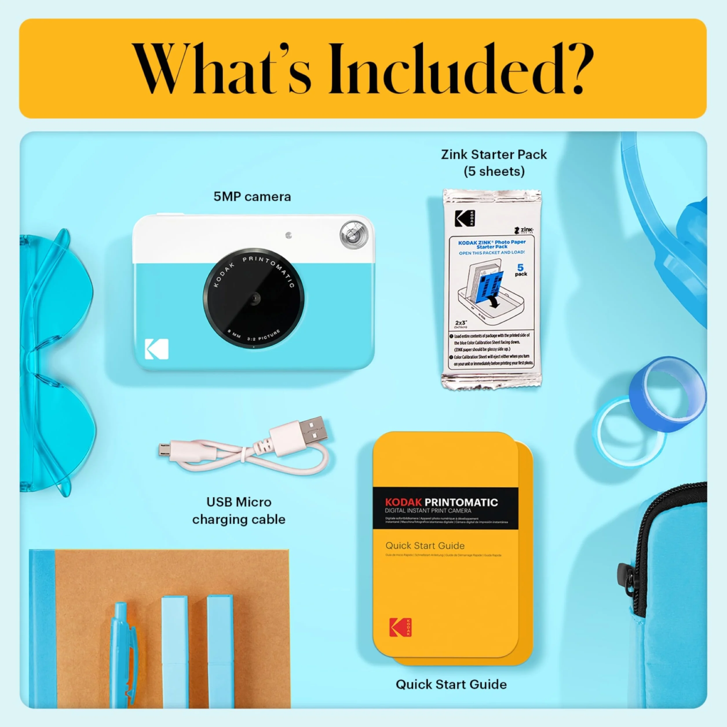 KODAK Printomatic Pacchetto iniziale per macchina fotografica a stampa istantanea a colori + Custodia morbida + Carta fotografica Zink da 20 pezzi - Foto colorate su carta adesiva 2x3" - Blu