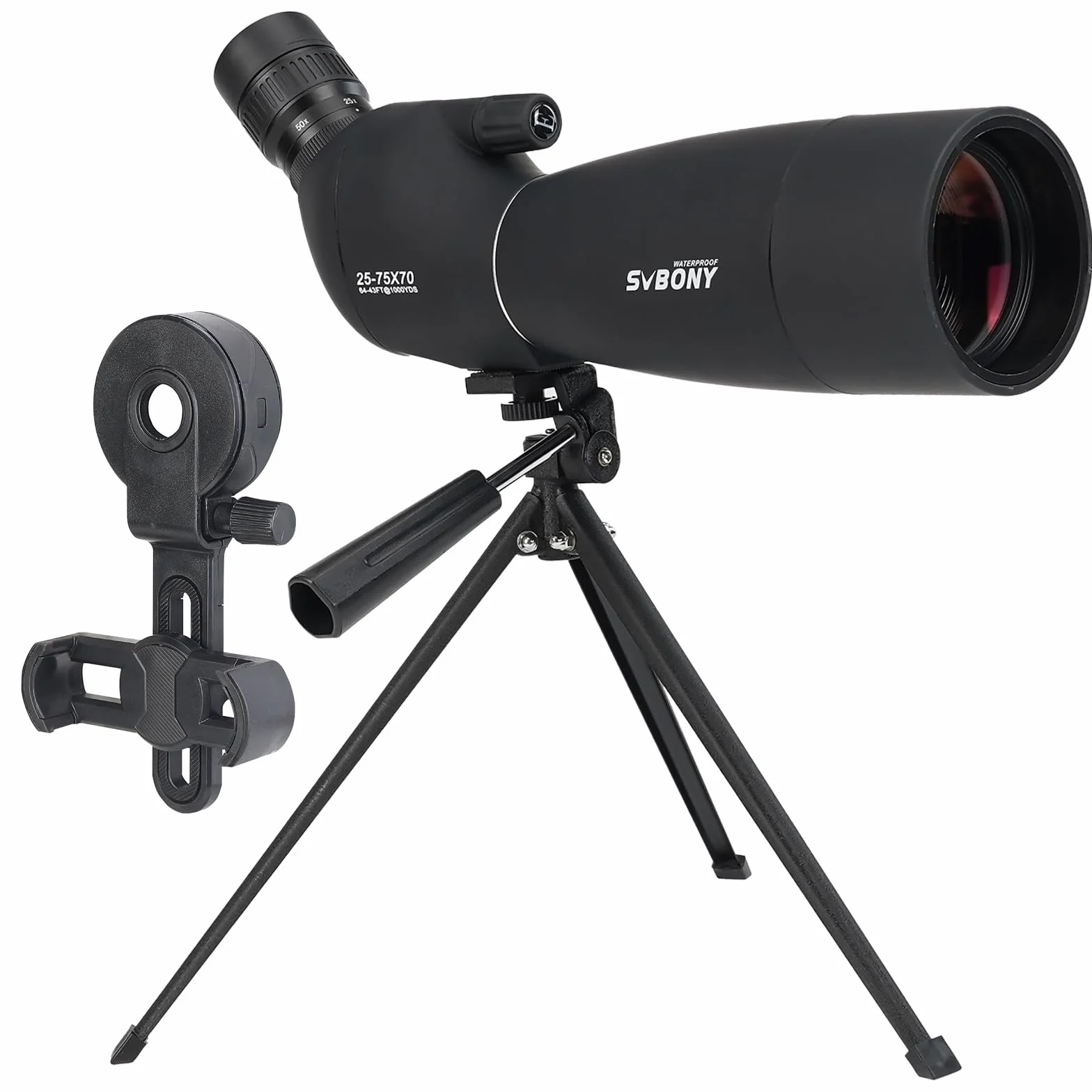 Svbony SV28PLUS Cannocchiale con Treppiedi Smartphone Adapter, 25-75x70mm con A5 Rosso Bordeaux FMC BAK4 IP65, Telescopi Spotting Scope per Adulti tiro a segno Tiro con l'arco Birdwatching