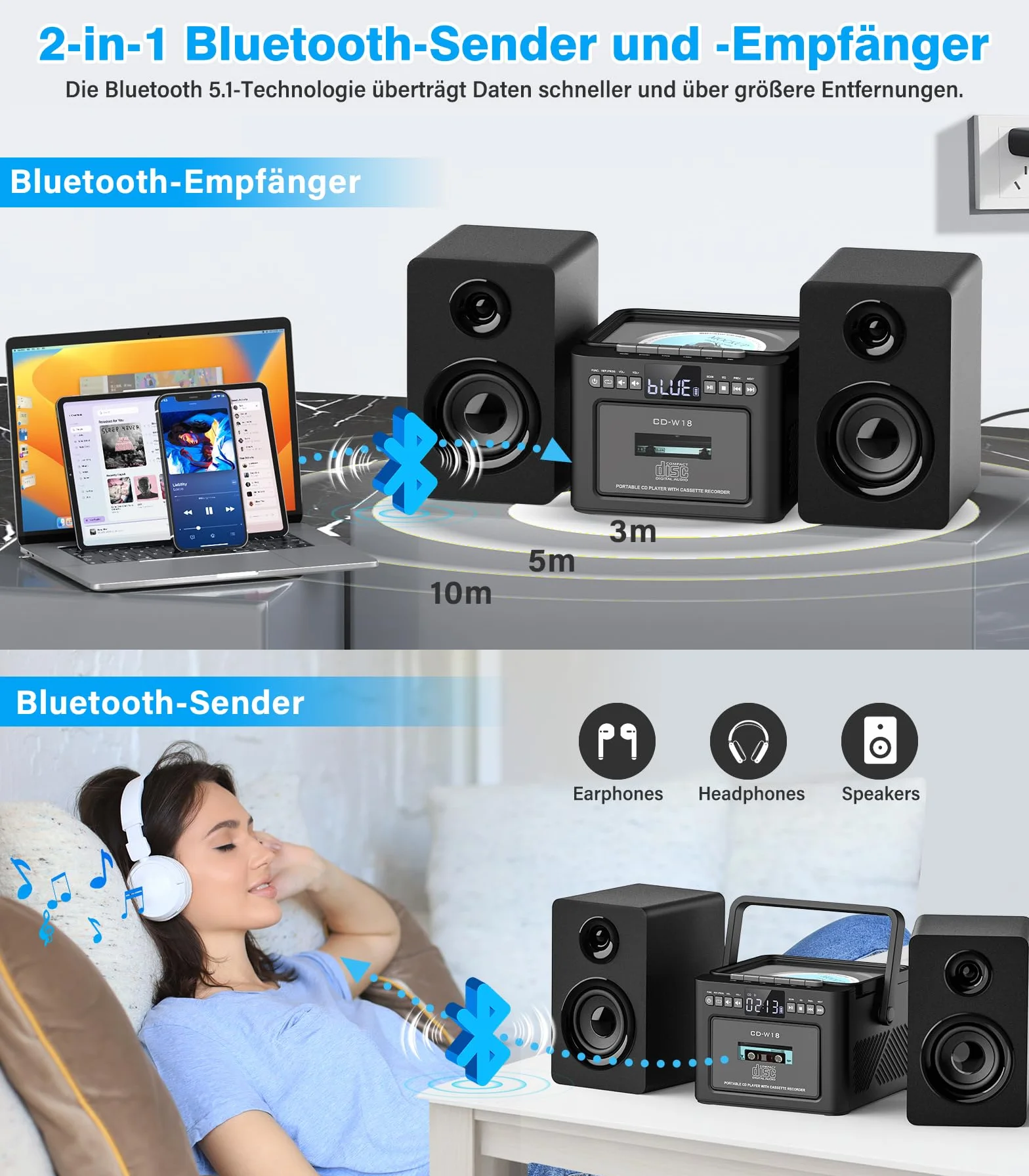 Greadio Sistema stereo con lettore CD e registratore Cassette, altoparlante da 40 W con Bluetooth 5.1, lettore di cassette con radio FM, USB, TF, AUX, telecomando, attrezzatura musicale HiFi