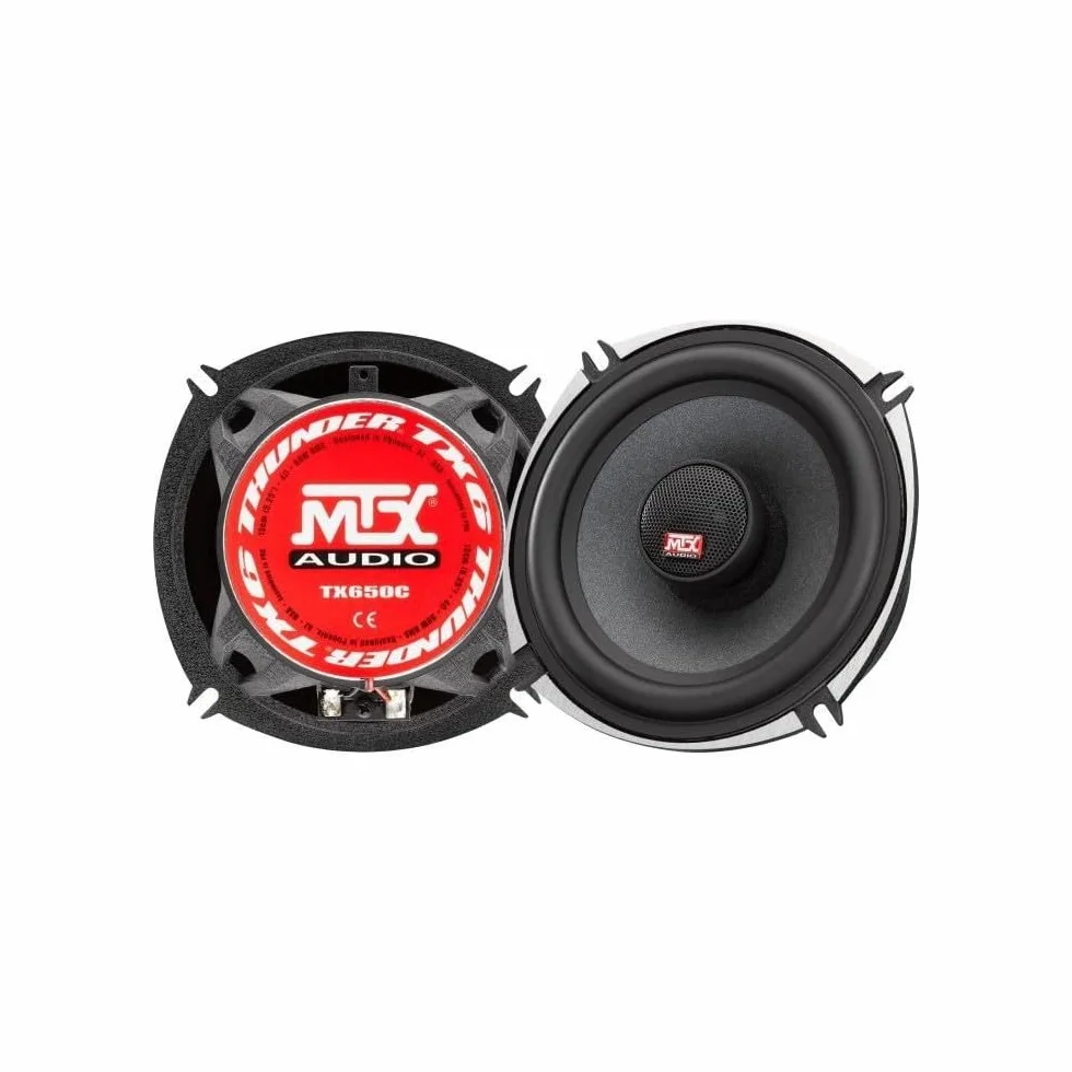 MTX TX650C Haut-parleurs voiture Coaxiaux 13cm 2 voies 80W RMS 4O châssis alu Tweeters néodyme dôme soie Membrane pulpe célu