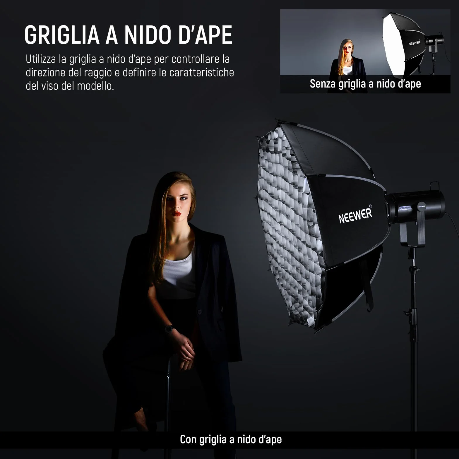 NEEWER Softbox Parabolico Ottagonale da 90cm, Soft Box Bowens Compatibile con Aputure 120d Compatibile con Godox SL60w Q4 AS600B CB300B Q300 Luce, Diffusori, Griglia, Borsa e Panno da Pulizia, NS92P