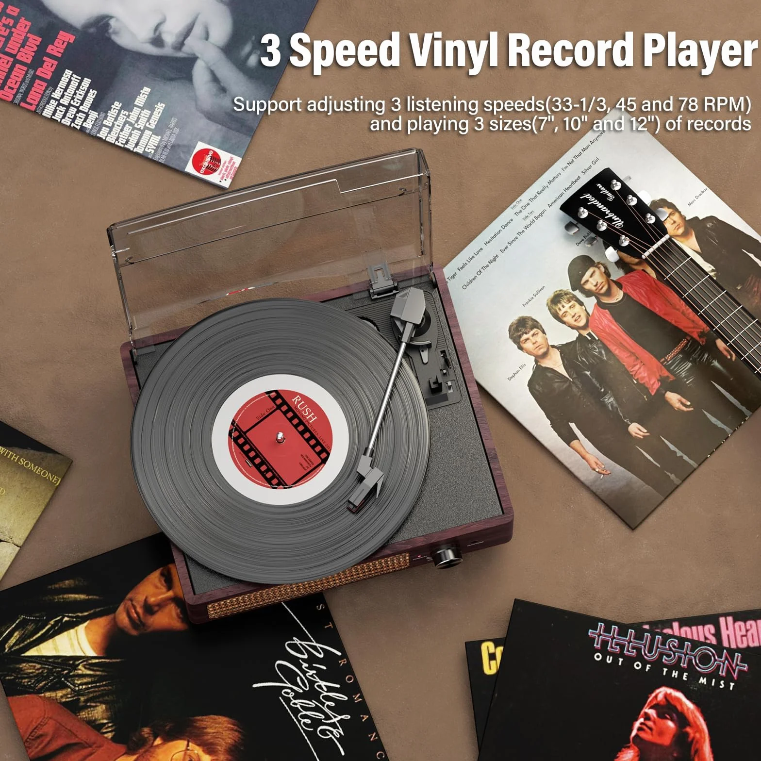 Giradischi Bluetooth Portatile a Tre Velocità (33 1/3, 45 E 78 Giri), Vintage Vinile Giradischi con Altoparlanti Stereo Integrati, supporta uscita RCA/Jack per cuffie Marrone