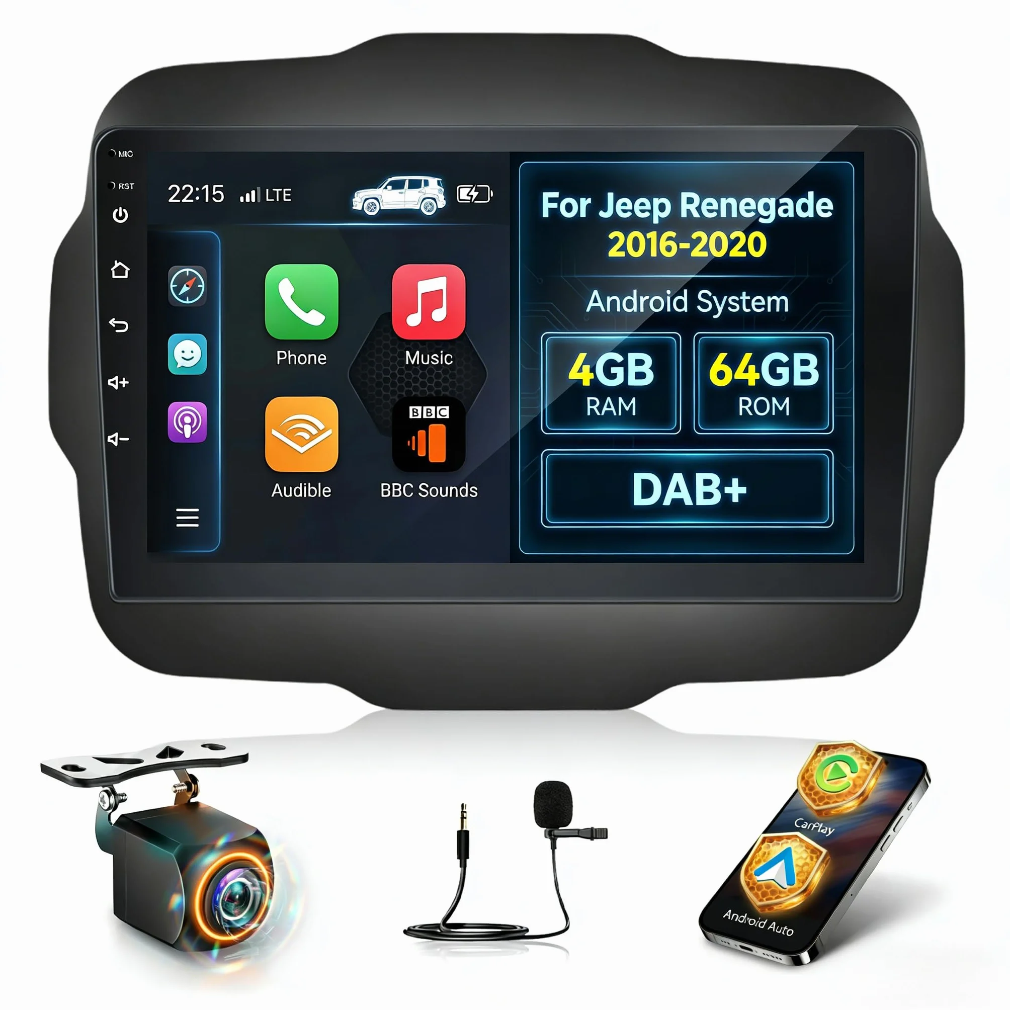 NHOPEEW Qualcomm 8 core 4+64G DAB/DAB+ Autoradio per Jeep Renegade 2016-2020 – Radio da 9 pollici con supporto Carplay e Android Auto, WLAN e GPS, ventola DSP + telecamera posteriore