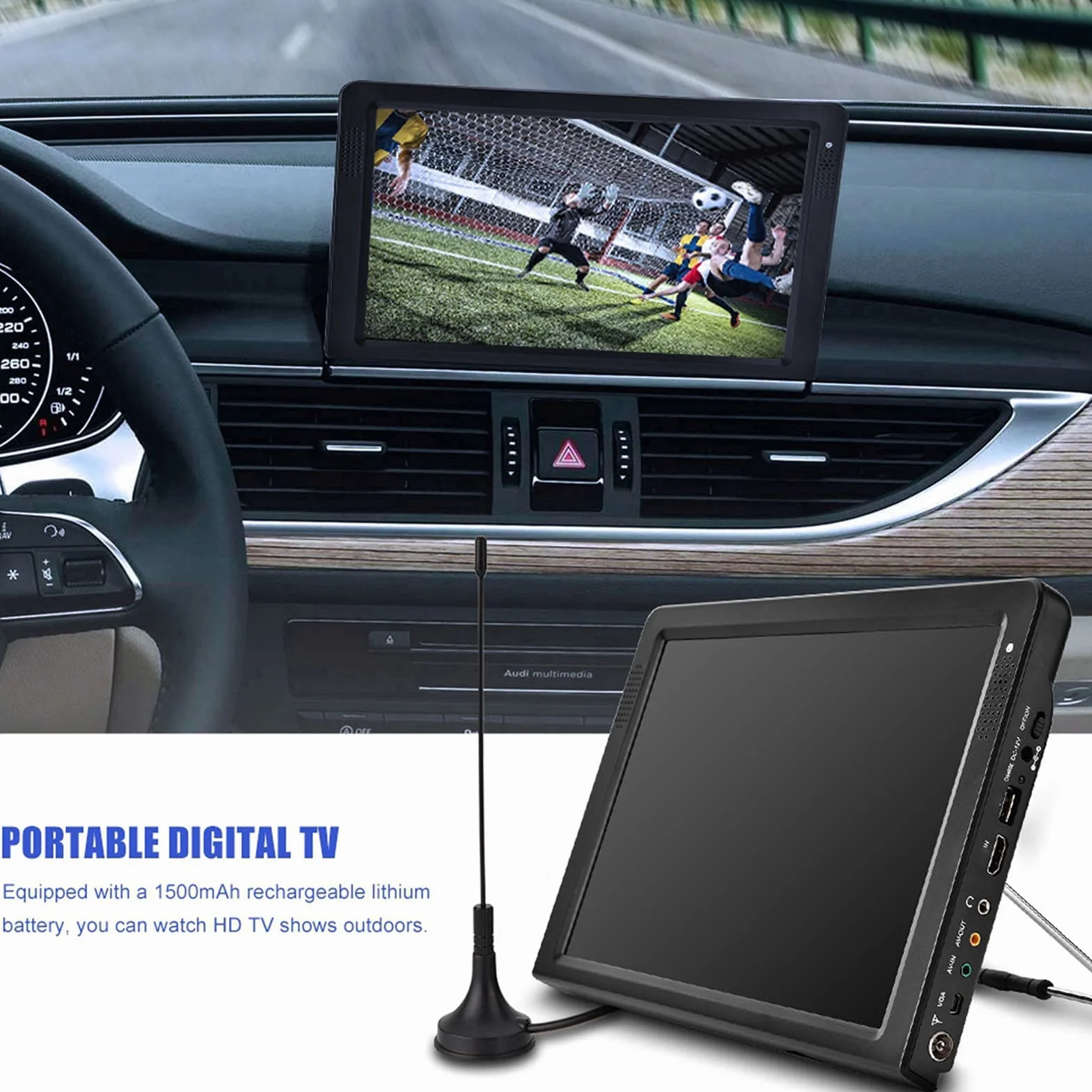 Televisore Portatile, da 12.1 Pollici Piccolo TV LED Display TV per auto Portatile 1080P HD, con 1500mA Batterie Ricaricabili e Antenna per viaggiare da letto, Cucina, Caravan, Supporto TV Analogica
