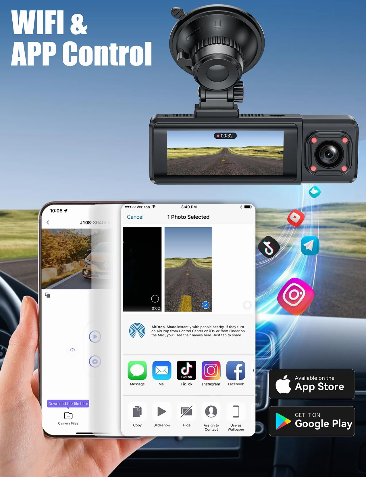 Dashcam 4K 3-Canali, 3,17" Display IPS Dash Cam, Telecamera Auto con WiFi & App, Grandangolo 170°, Sensore G, Visione Notturna, Registrazione in Loop, Monitoraggio Parcheggio,Scheda SD da 64 GB