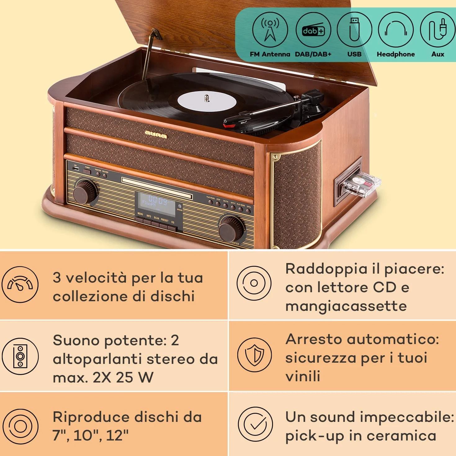 AUNA Belle Epoque 1908 Giradischi Vintage Radio Digitale DAB+ FM Bluetooth Lettore CD MP3 USB Marrone