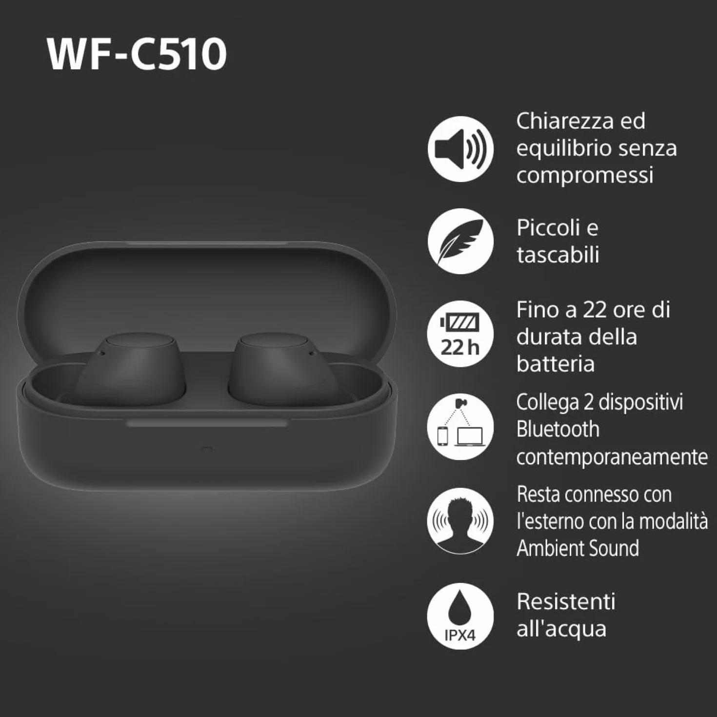 Sony WFC510 True Wireless Cuffie Bluetooth Multipoint IPX4 Spotify Tap Ricarica Rapida 22h Nero