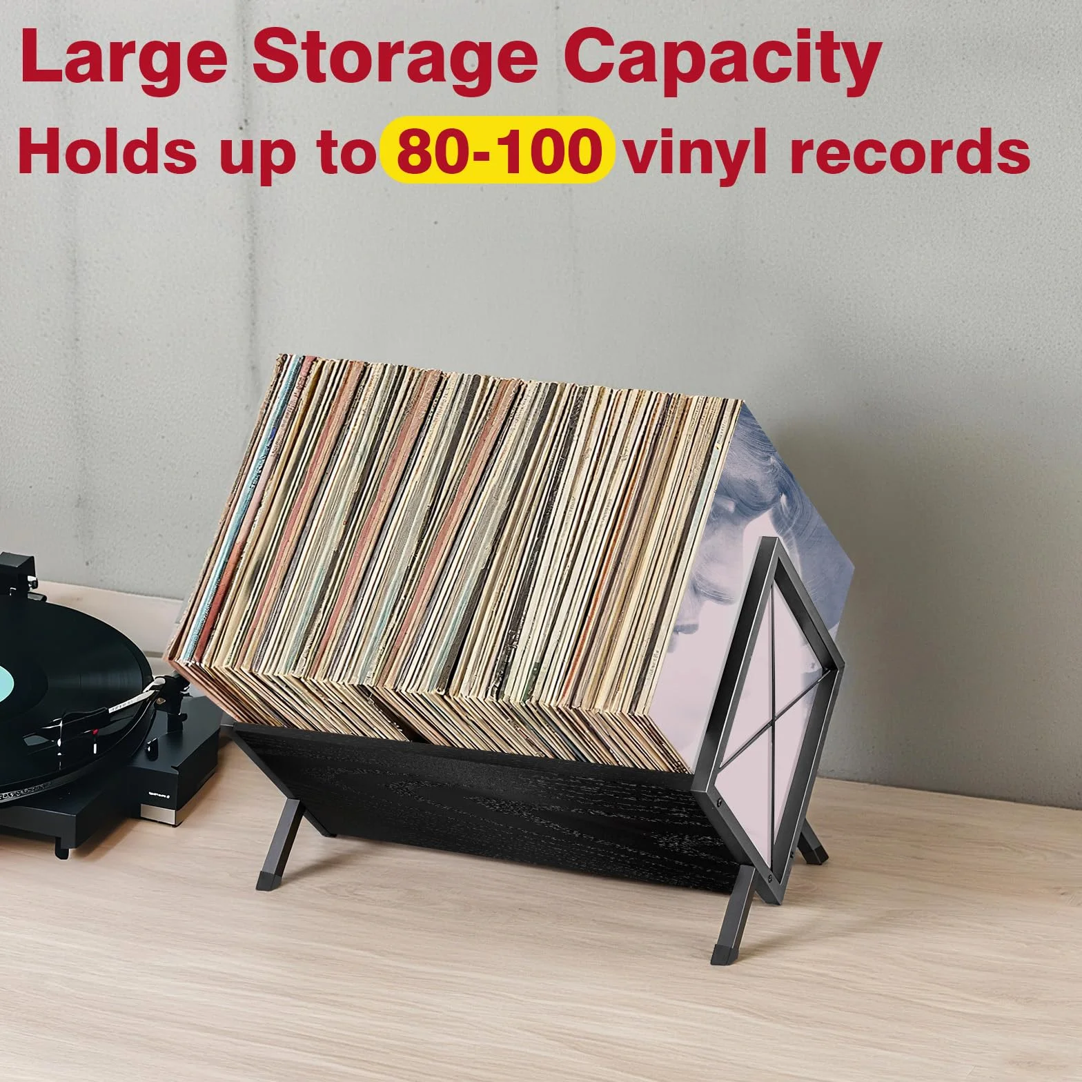 porta vinili per 100 dischi in vinile, porta cd da tavolo di legno, stile retrò organizzatore per la tua raccolta, nero