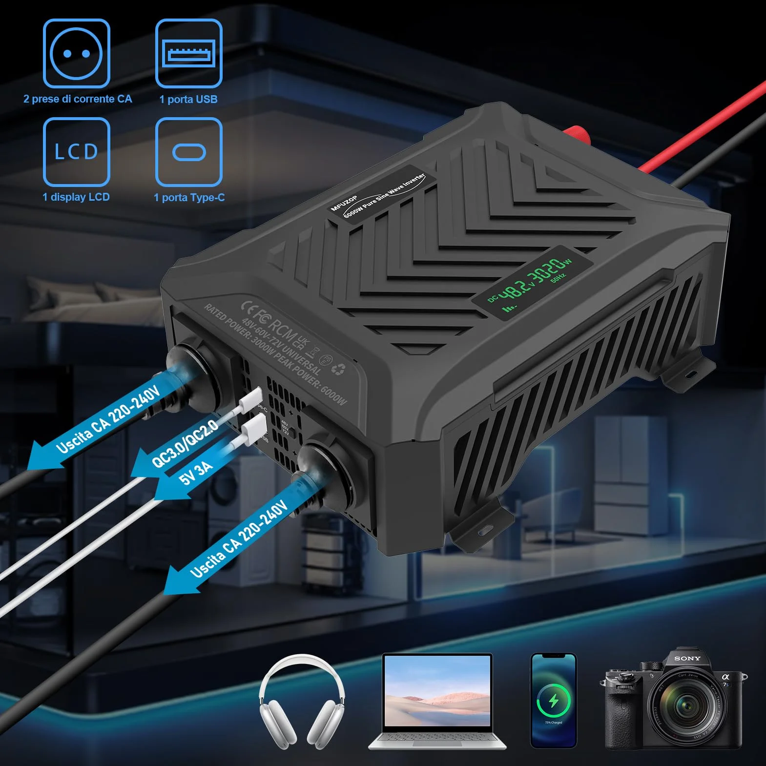Power Inverter 48V/60V/72V a 230V Onda Pura 3000w/6000w, Convertitore di Tensione con Sistema di Rilevamento Intelligente, Ingresso Regolabile, Display LCD, 2 AC, 1 Type-C, 1 USB 5V 2.1A