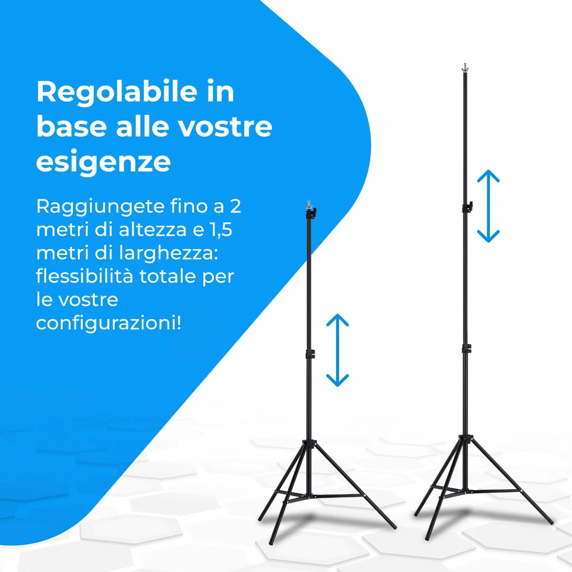 Supporto per fondale fotografico professionale NK 2 x 3 metri, regolabile e retrattile, 2x treppiede, 1x barra trasversale interconnessa, 6x mollette, 4x fascette laterali in velcro, 1x borsa
