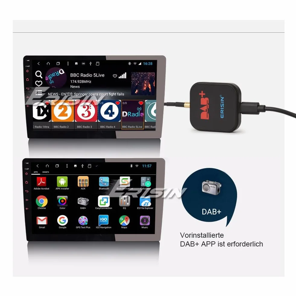 Erisin DAB Plus Ricevitore Radio Digitale Tuner Box con amplificatore MCX Antenna DAB per Android 8/9/10/11/12/13 o superiore autoradio Porta USB