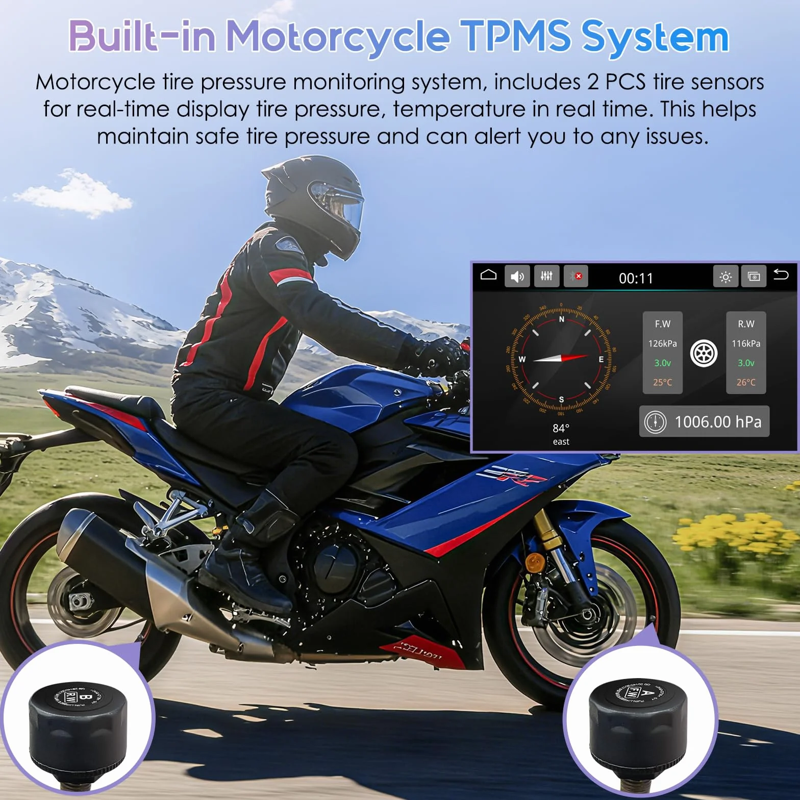 Carpuride W502TPRO per Moto con CarPlay, Android Auto, TPMS e Doppio Bluetooth - Schermo di Navigazione GPS Impermeabile da 5" per Moto, Interfono, Sensore di Luminosità, Bussola, Barometro