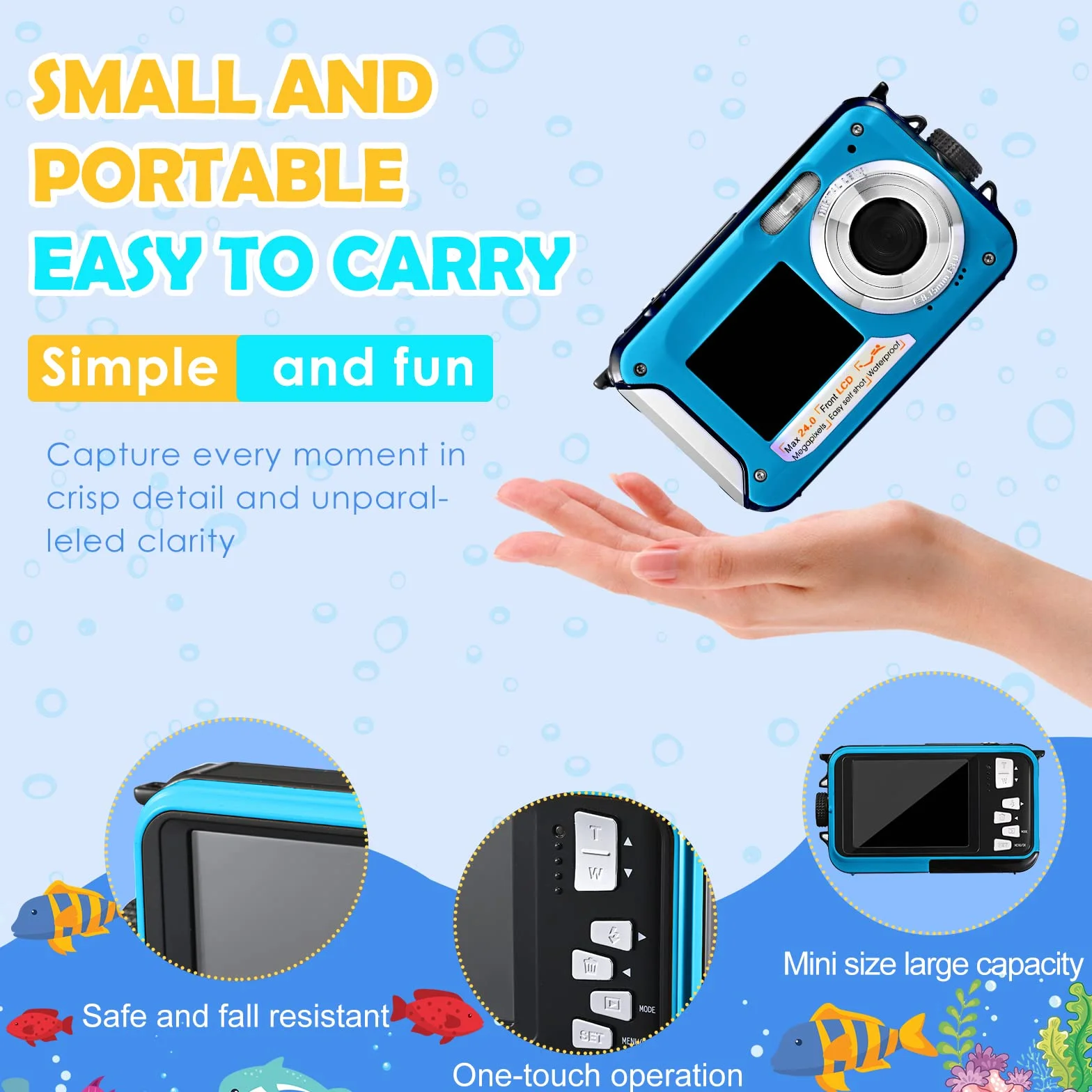 Fotocamera impermeabile digitale Full HD 2,7 K 24 MP Macchina Fotografica Subcquea 16X Zoom digitale fotocamera impermeabile con doppio schermo, per adolescenti studenti principianti