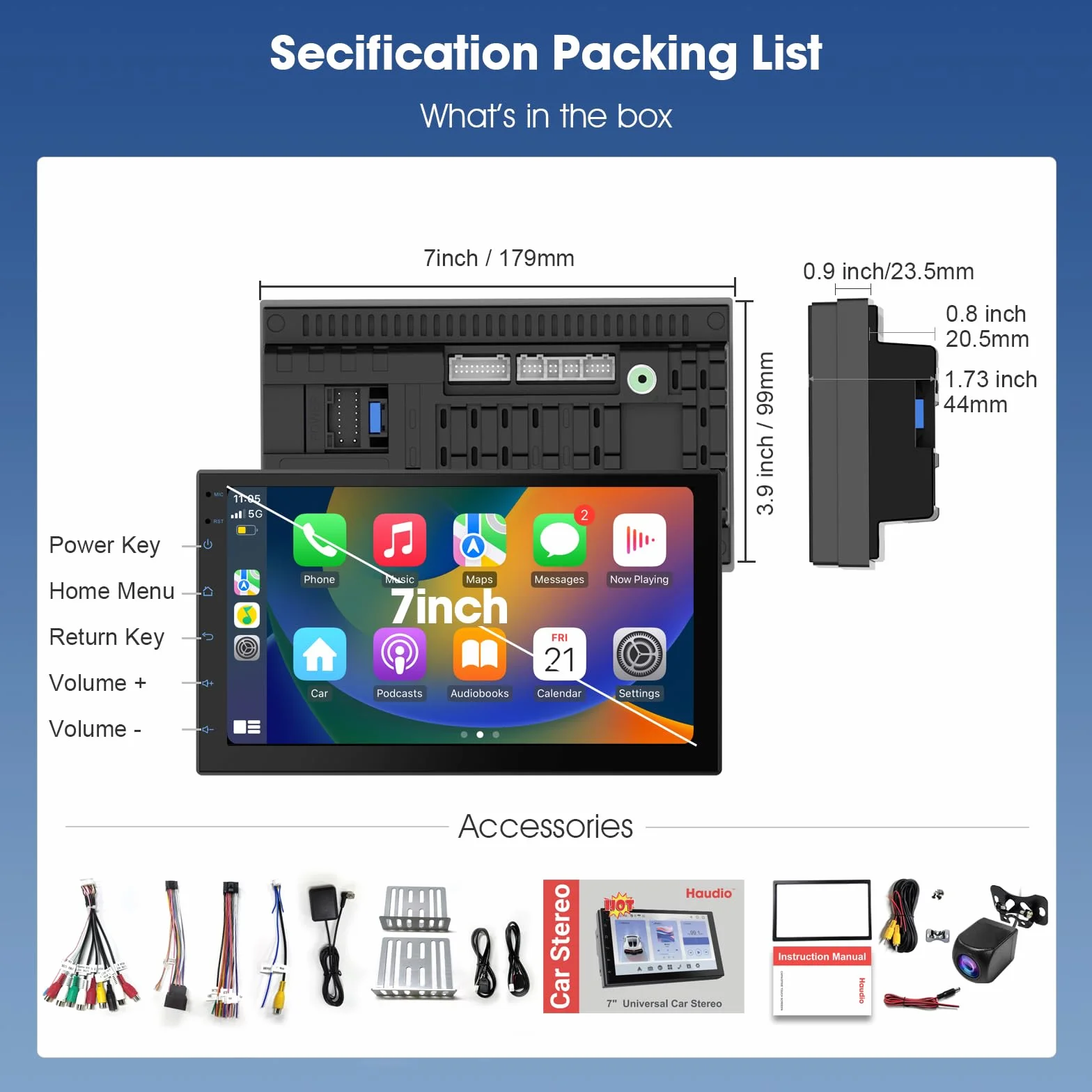 Haudio Autoradio 2 DIN Bluetooth con CarPlay wireless & Android Auto,con schermo 7 pollici Touchscreen Lettore, Mirror Link,FM Radio,Telecamera di backup,Bluetooth 5.0,AUX(RAM 2GB+ROM 32GB)