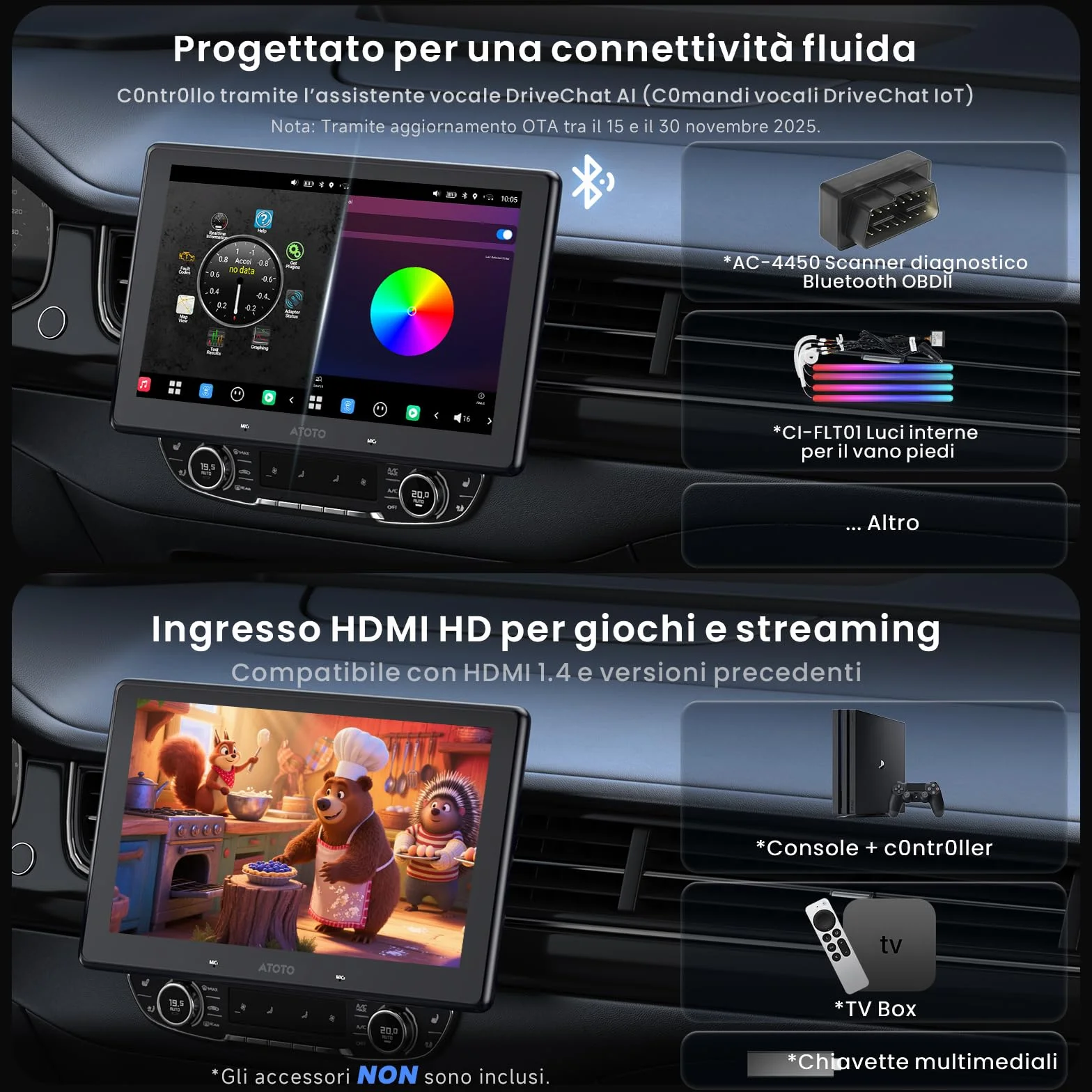 ATOTOZONE X10 10" Autoradio Android, Schermo Flottante, 1 DIN / 2 DIN, AI Agent & AI Vision, LiveView Re-moto, Sorveglianza Parcheggio, 4G LTE, 8G+128G, Audio 7.1.2 ch,CarPlay & Android Auto Wireless
