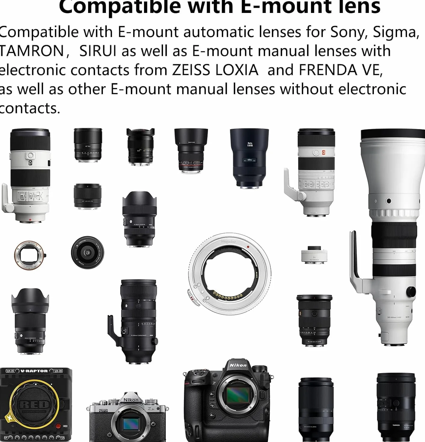 Adattatore di messa a fuoco automatica Megadap ETZ21 Por+ compatibile con obiettivo Sony FE Sigma Tamron Serie FE per fotocamera Nikon Z Mount Zf Z9 Z8 Z7 Z6 Z6III Z7II Z6II Z5 Z50 Z30 ZFC