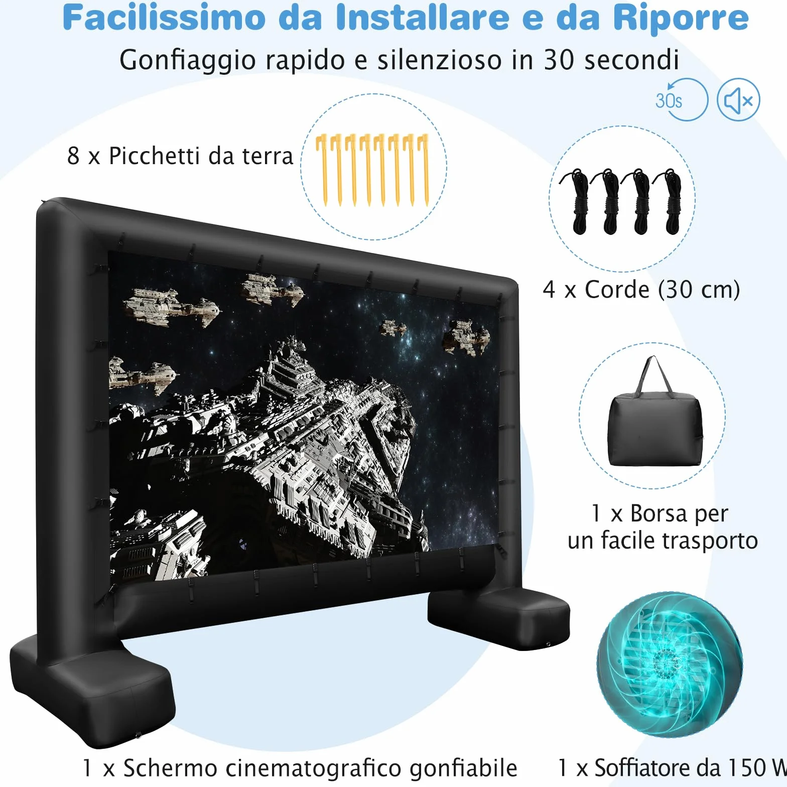 GYMAX 5 M Schermo Proiettore Gonfiabile, Telo Proiettore per Film con Soffiatore d'Aria, Borsa, Picchetti, per Giardino, Terrazzo, Esterno