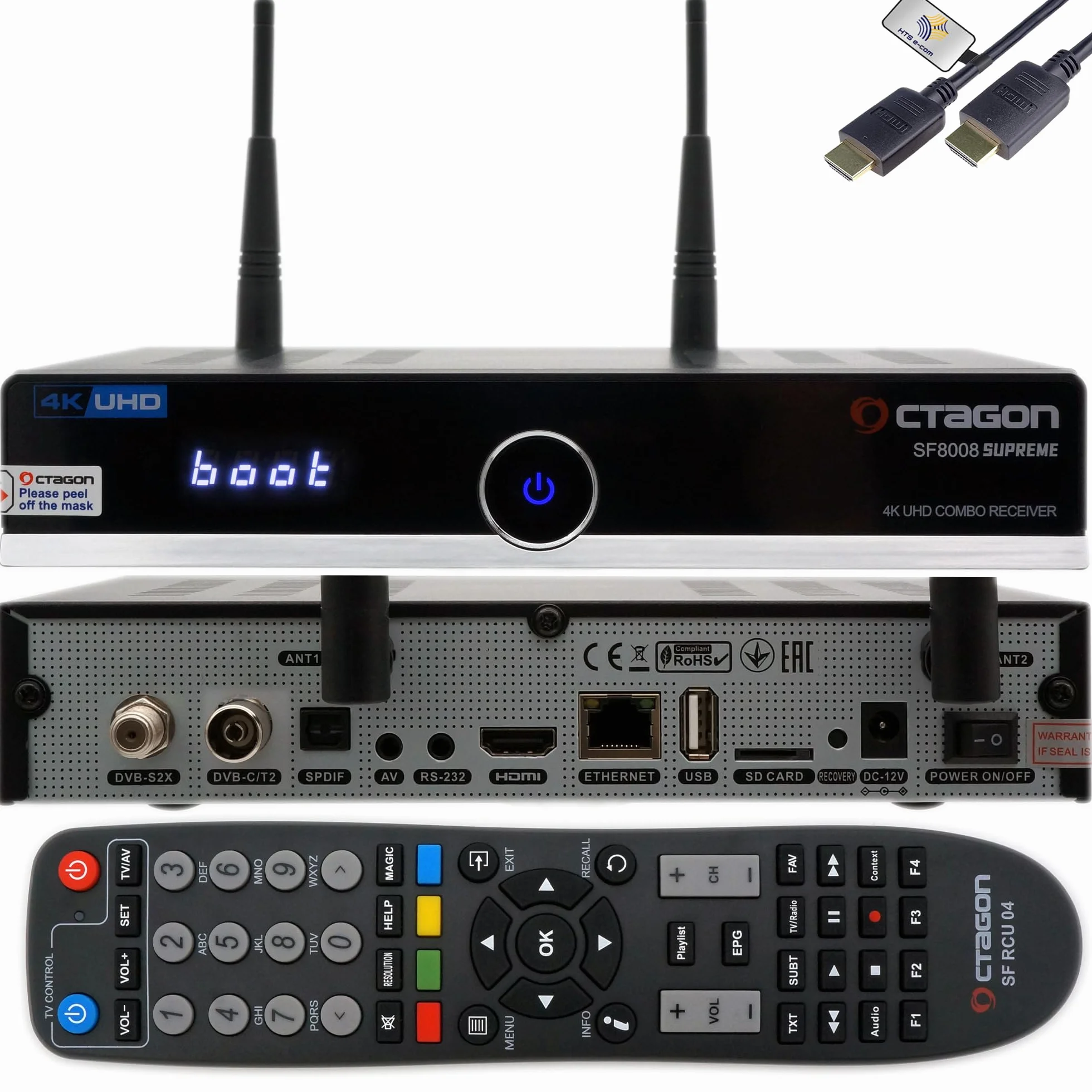 Octagon SF8008 4K Combo Supreme V3 UHD DVB-S2X Linux PVR WiFi 2.4/5G 1Gbit LAN M.2 HDR 10 BT 5.1 IR HTS e-cavo HDMI