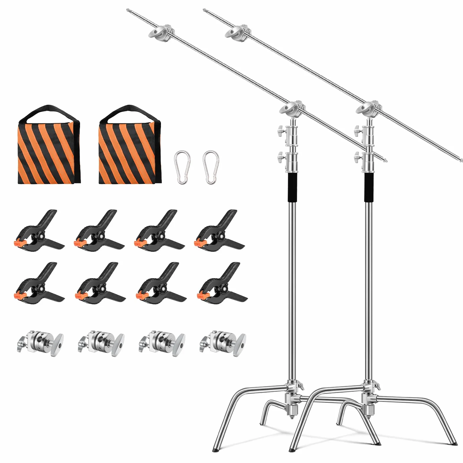 SOONPHO 2-Pack C Stand 100% Acciaio Inossidabile Heavy Duty Supporto a C Fotografia Light Stand C-Stand con 130cm braccio di supporto Kit,testa Grip,clip per Godox AD200 Pro SK400 Aputure(Argento)
