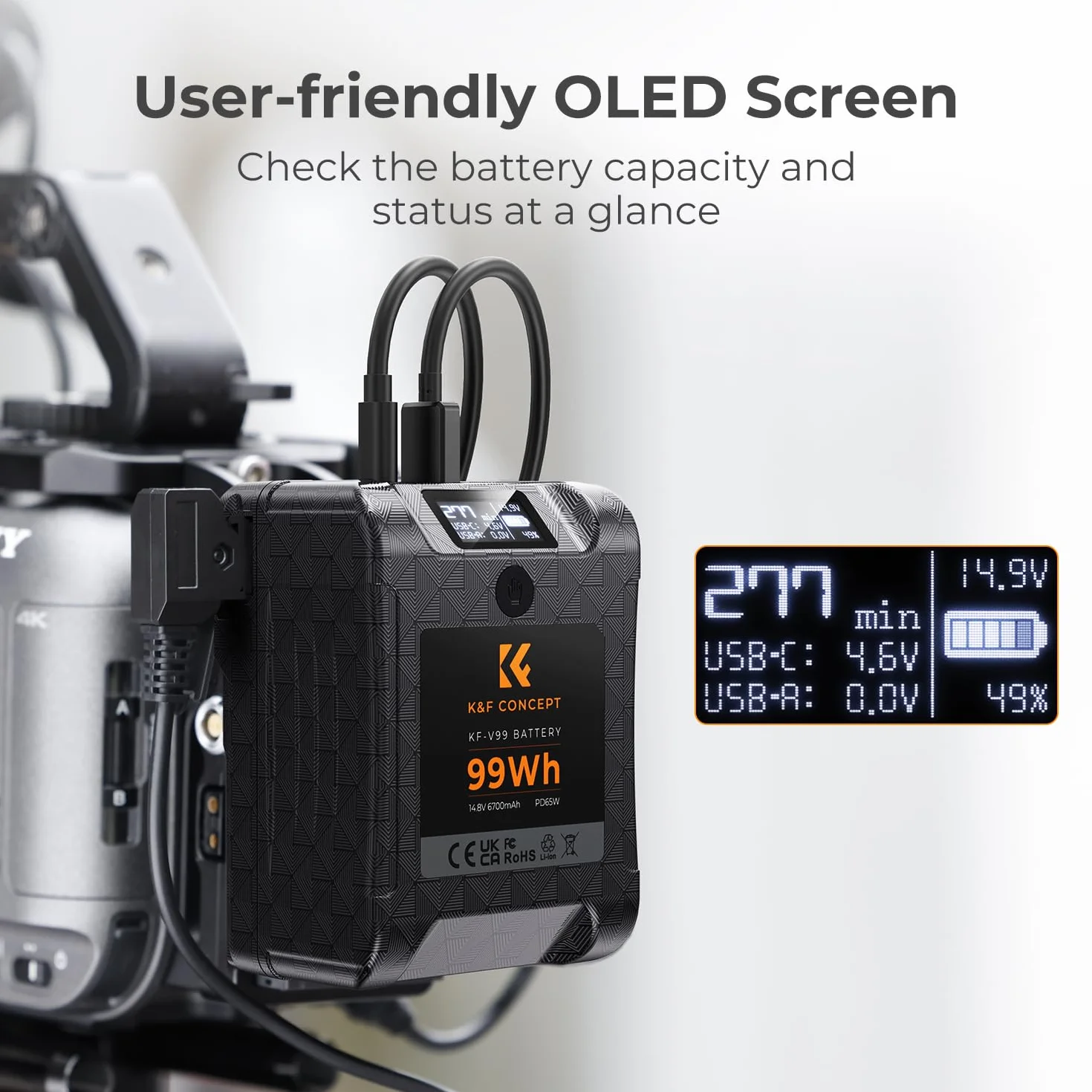 K&F CONCEPT V Mount Batteria 99 Wh/6700 mAh/14,8 V Coadiuvante 65W Carica Rapida PD Bidirezionale con D-TAP/USB-A/USB-C/BP,Schermo OLED, per Viaggio/Fotocamera/Smartphone