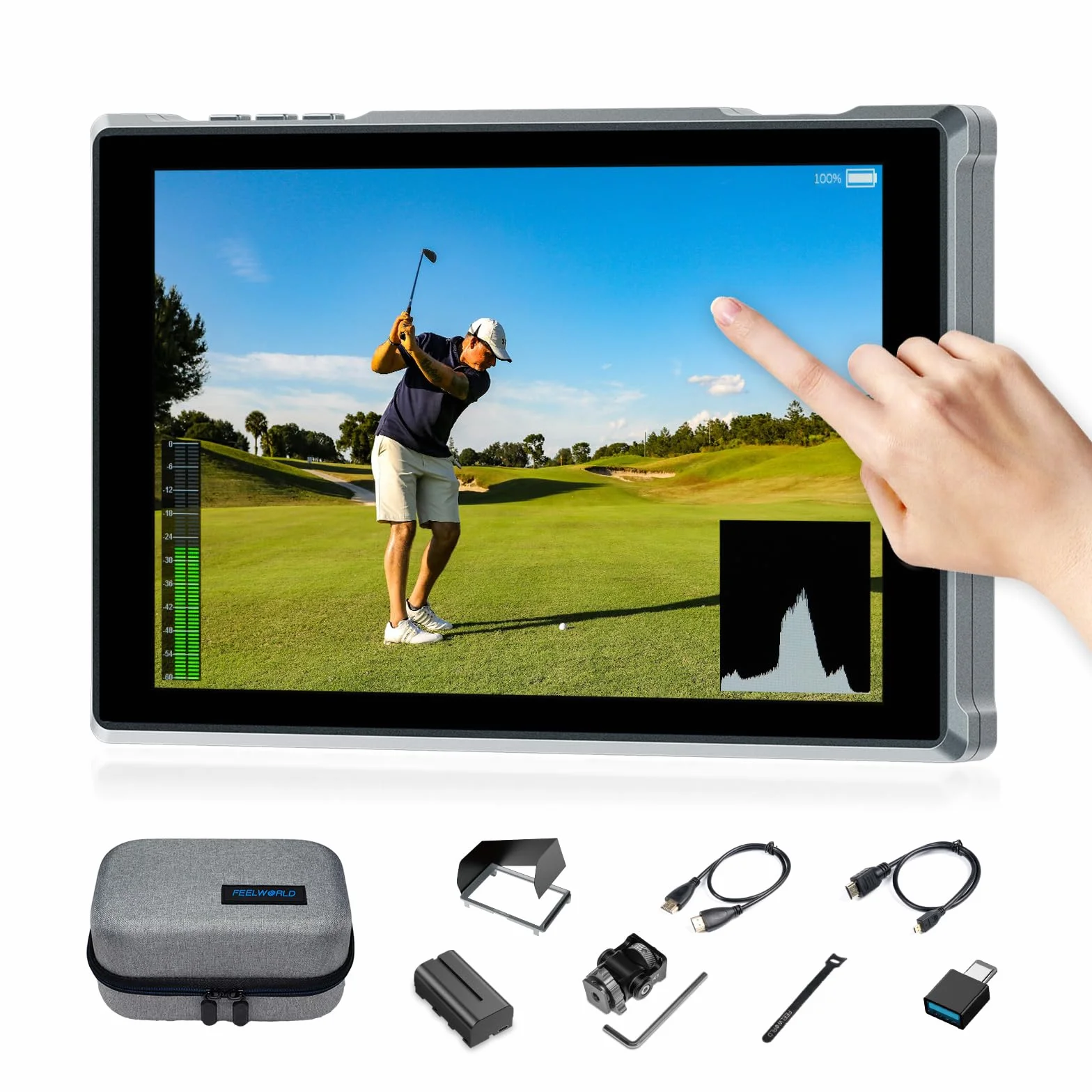 FEELWORLD FW759PRO 7 Pollici 400nit Monitor da Campo touchscreen Ingresso/uscita HDMI 4K e monitoraggio della forma d'onda per videografi e creatori di contenuti con con batteria da 2200 mAh e borsa