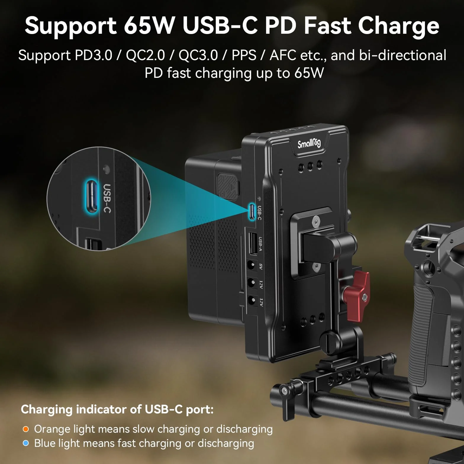 SMALLRIG Piastra Adattatore Batteria con Attacco a V con Braccio Regolabile, Piastra con Attacco a V con PD USB-C da 65 W e Uscita/Ingresso D-Tap da 14,8 V - 3204B