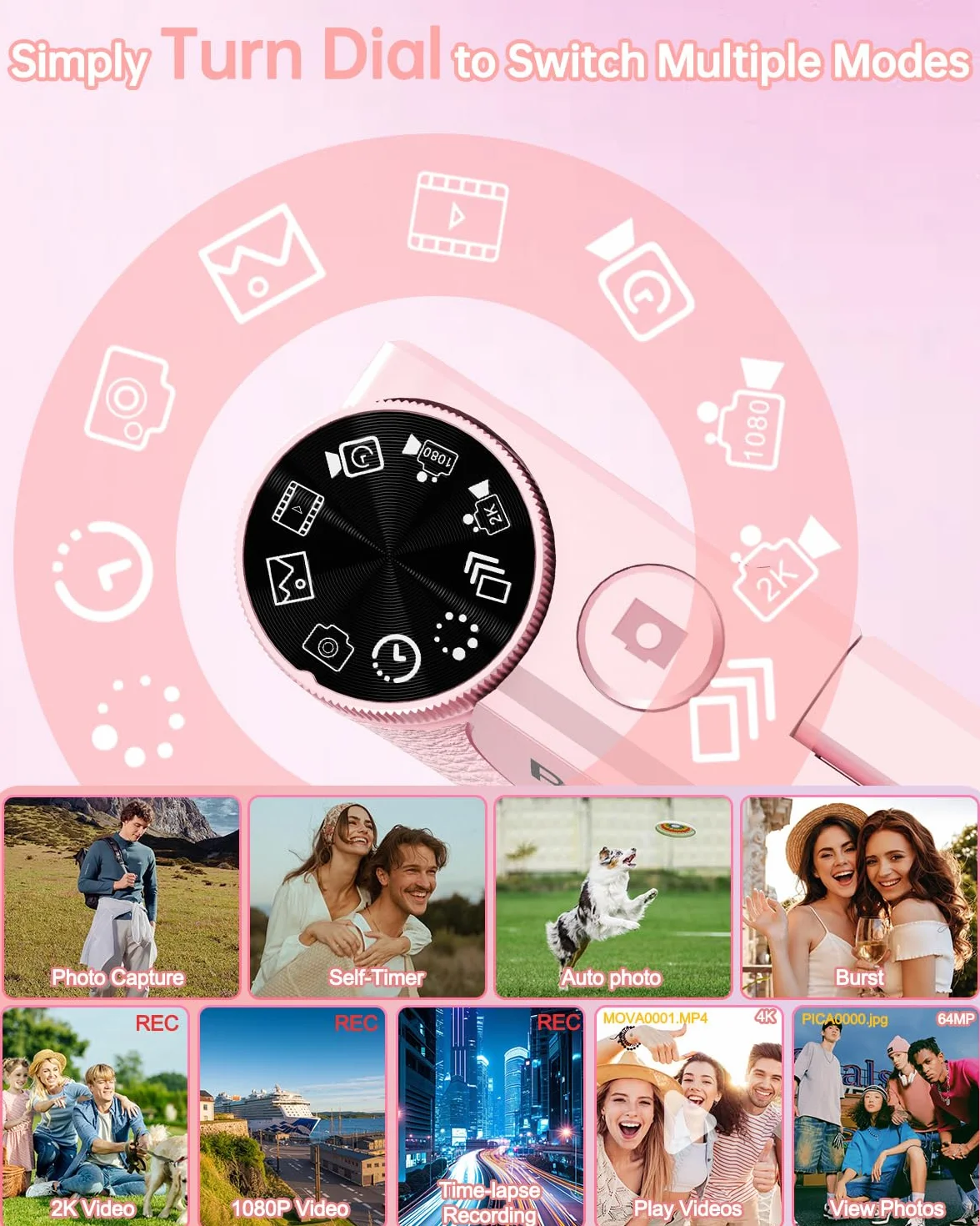 Fotocamera Digitale 4K Videocamera con Schermo 3" Rotante 180° per Vlog, Ponovo Macchina Fotografica Compatta 64MP Autofocus con Zoom Digitale 18X, 2000mAh Fotocamera Portatile 32GB per Studenti Festa