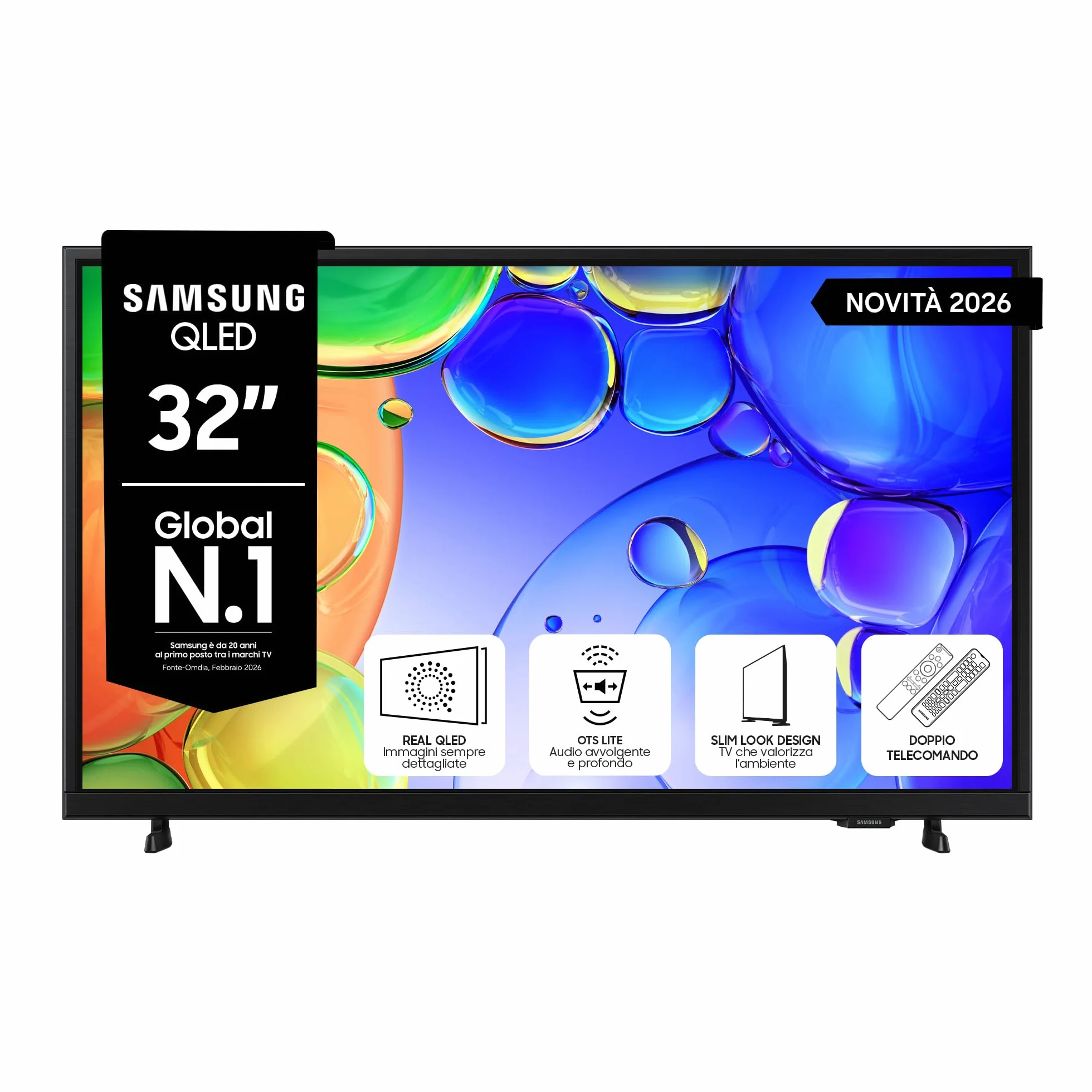 Samsung Smart TV 32" QE32Q5FAAUXZT QLED, Full HD, Real QLED, Quantum HDR, Contrast Enhancer, OTS Lite, Adaptive Sound, Gaming Hub, Slim Look Design, Edizione Speciale PACCHETTO INTRATTENIMENTO, 2026