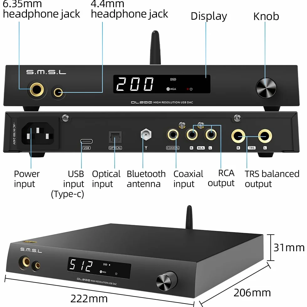 SMSL DL200 ES9039Q2M DAC Amplificatore HiFi per Cuffie 6,35mm 4,4mm Bilanciato RCA USB2.0/1.1 TND+N -123 dB