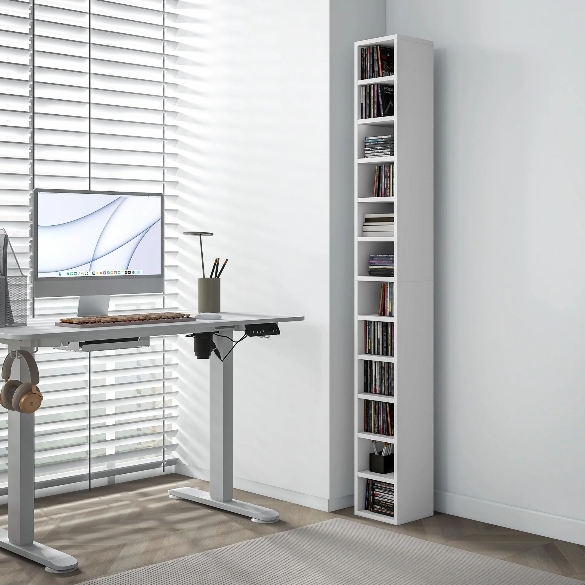 HOMCOM Contenitori per CD e DVD, ripiano a colonna, contenitore con 12 scomparti, capacità massima 204 CD, 21 x 20 x 175 cm, bianco