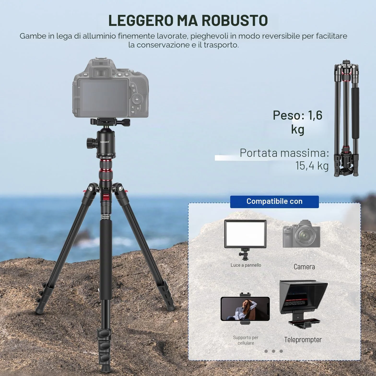 NEEWER 77'' Treppiede Fotocamera, Treppiede Monopiede Pieghevole Alluminio DSLR, Telefono con Testa a Sfera Panoramica 360°, Colonna Centrale a 2 Assi, Piastra Arca QR e Borsa, Carico Max 34lb, TP77