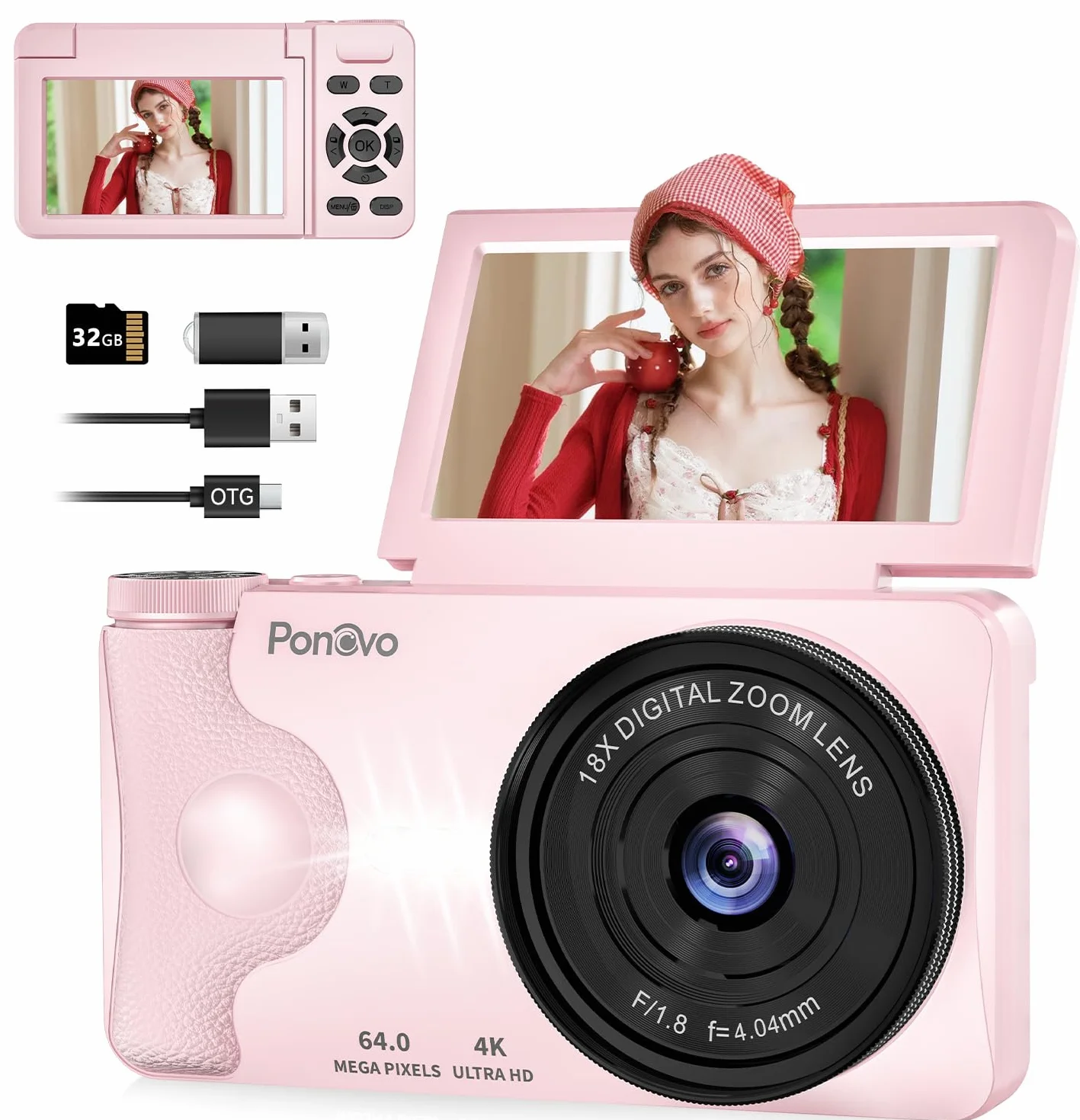 Fotocamera Digitale 4K Videocamera con Schermo 3" Rotante 180° per Vlog, Ponovo Macchina Fotografica Compatta 64MP Autofocus con Zoom Digitale 18X, 2000mAh Fotocamera Portatile 32GB per Studenti Festa
