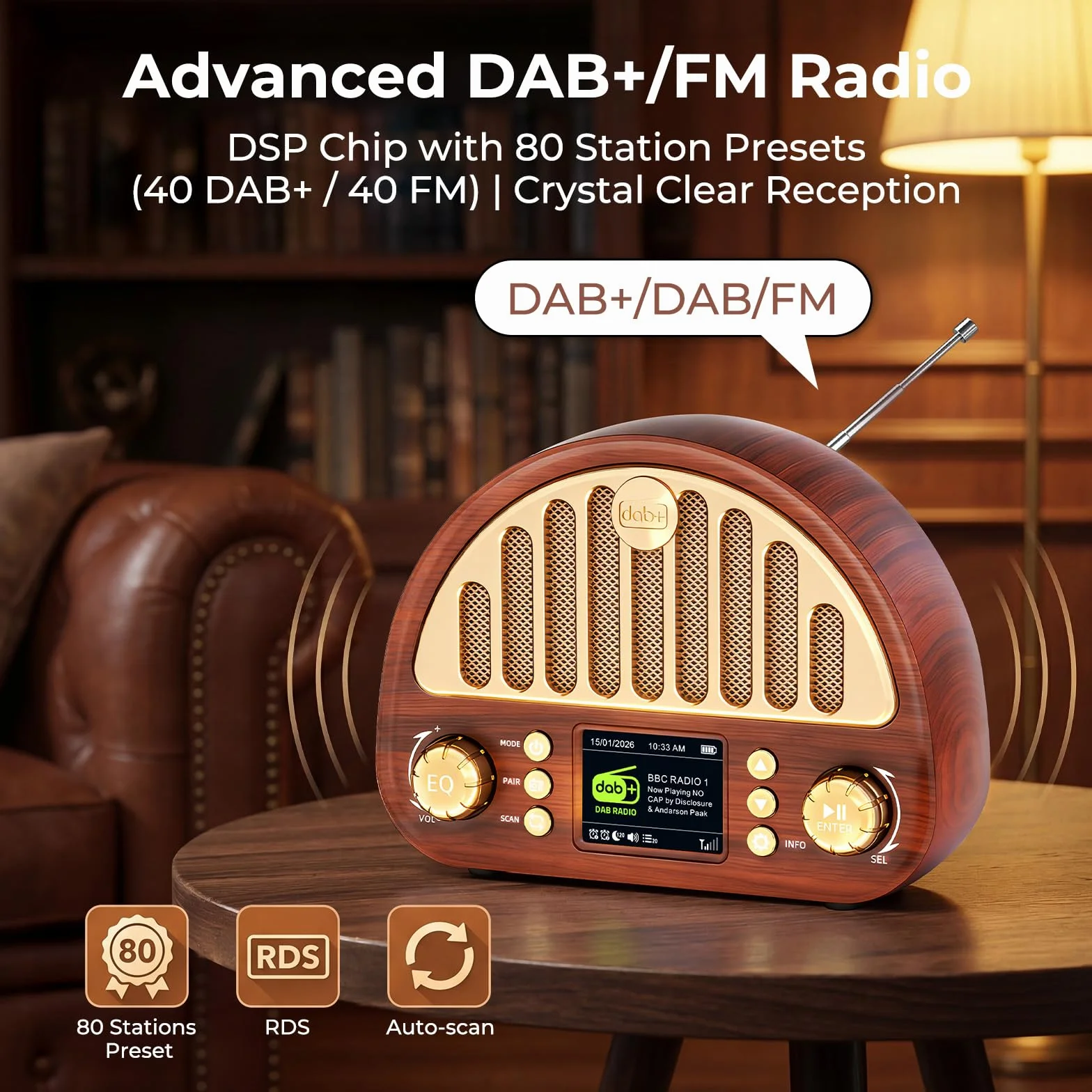 ROCAM Radio DAB+/FM Retrò Bluetooth 5.0 8 W 3000 mAh Display Colori RDS AUX IN MicroSD Sveglia Timer Sonno 80 Preset