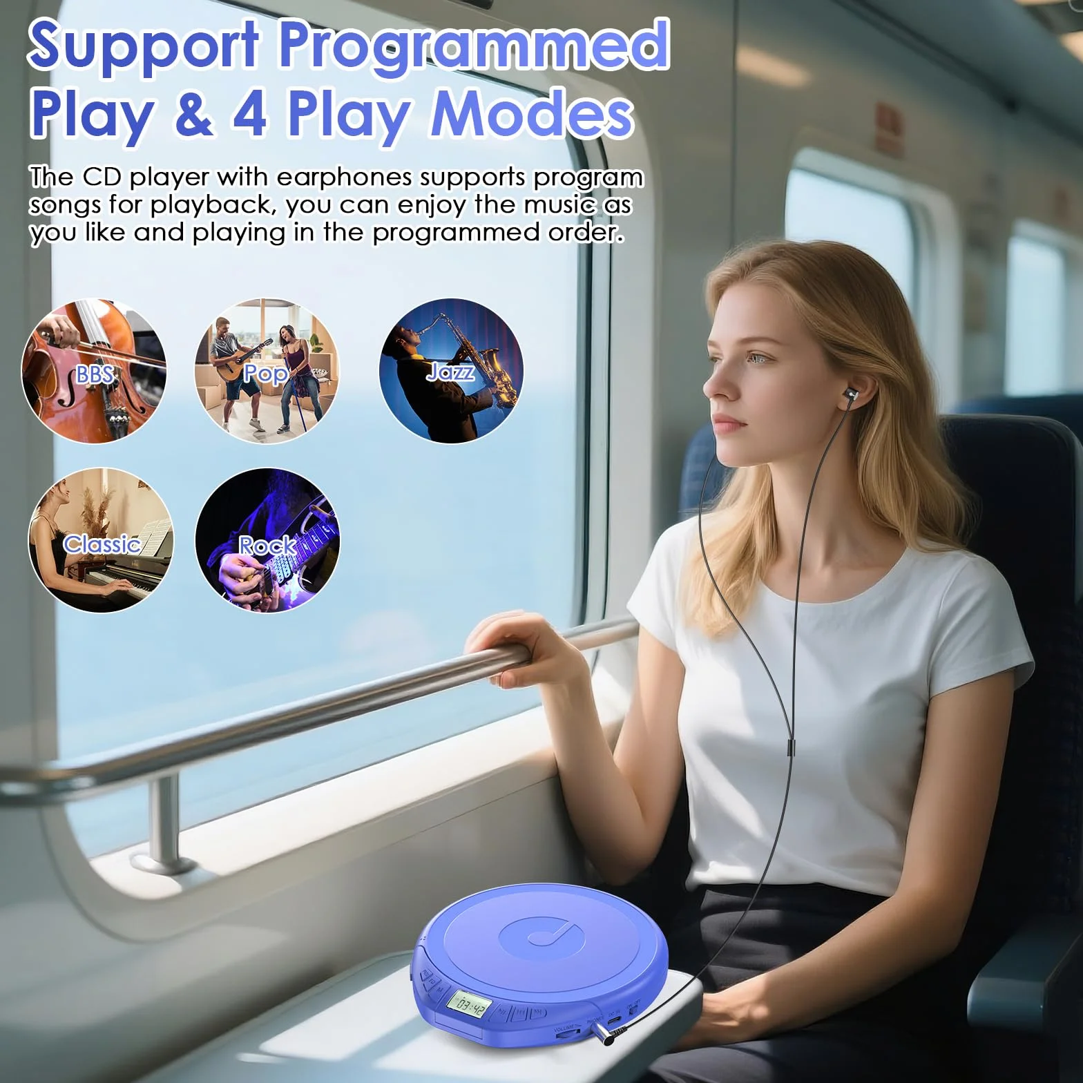 Gueray Lettore CD portatile Dsicman: con auricolari per auto con anti-skip antiurto con display LCD Supporto funzione di ripetizione memoria PROG (blu)