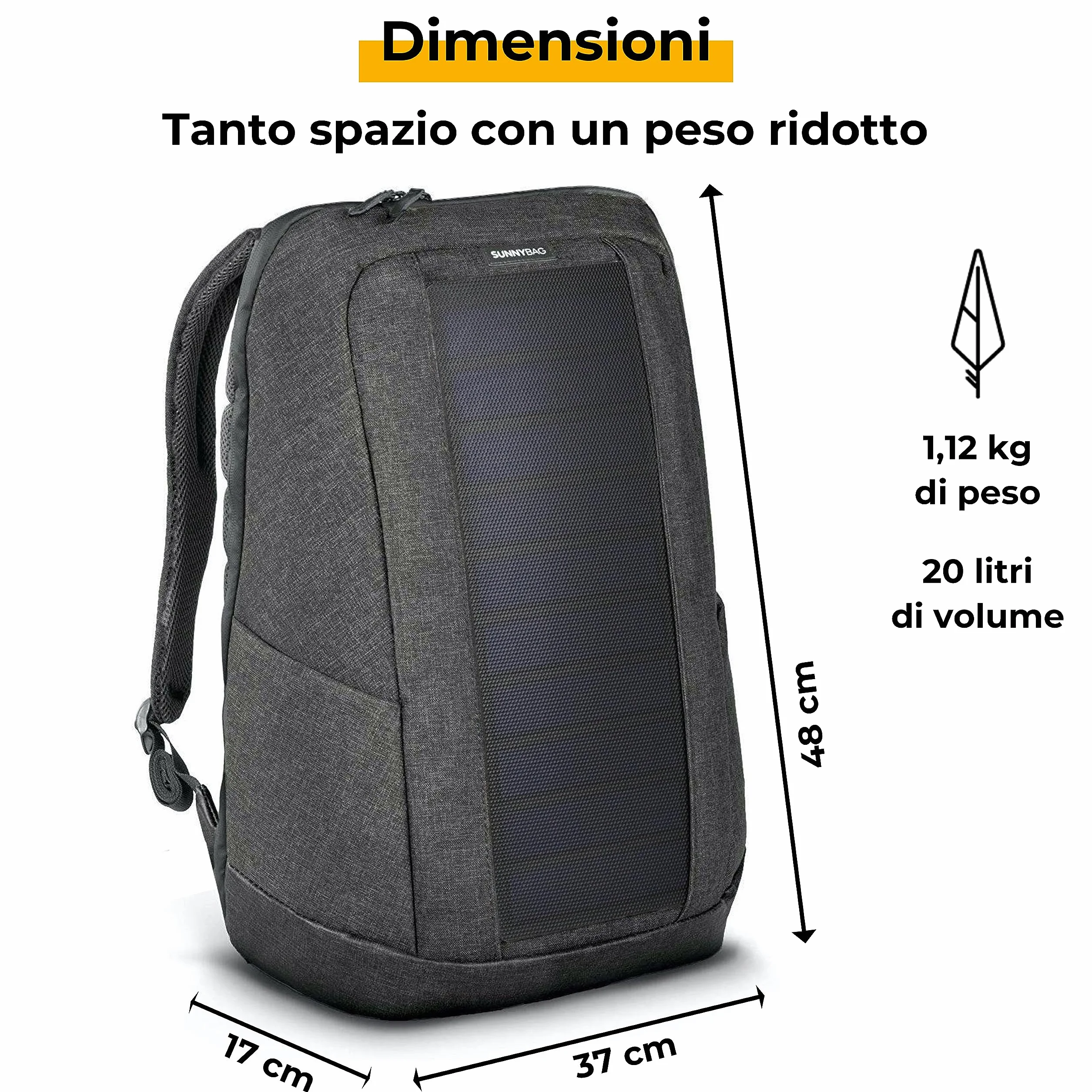 Sunnybag Iconic | Zaino solare con pannello solare integrato da 7 Watt | porta USB | ricarica wireless | scomparto per laptop da 17 pollici | 20 litri | tessuto riciclato idrorepellente | grafite