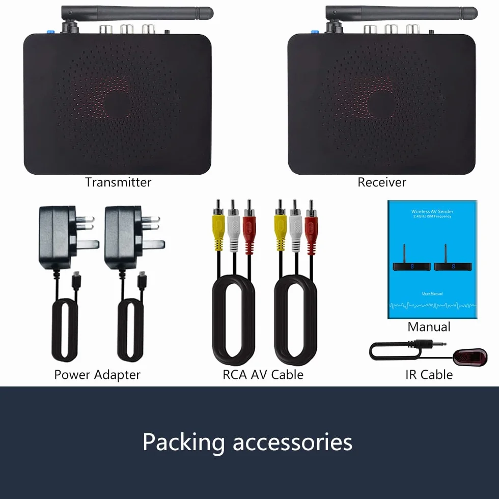 Trasmettitore e ricevitore audio wireless 2,4 GHz 8 canali RCA 480P mittente con estensione remota IR per cavo streaming, satellite, DVD a TV senza fili (MT-RCA20)